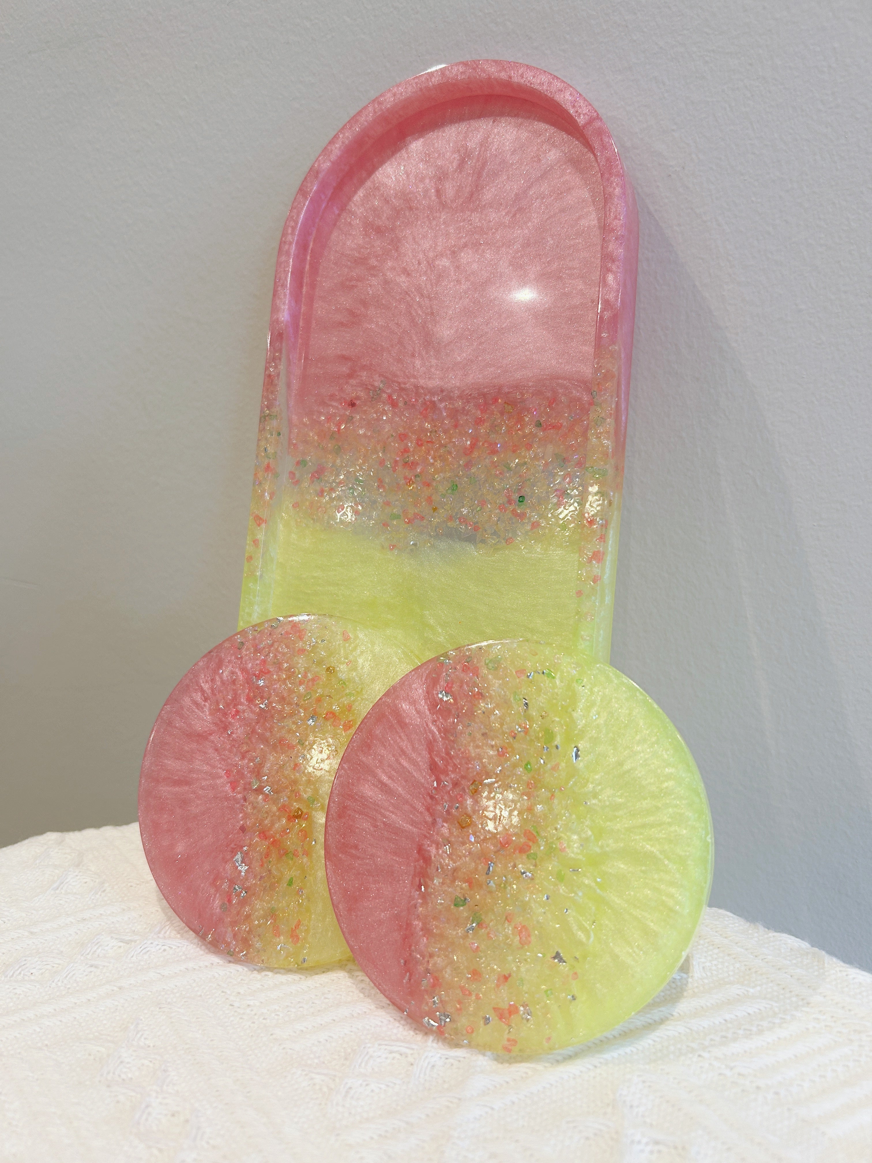 【Crystal Glow】Handmade Resin Coaster & Trinket Tray (3-piece set)