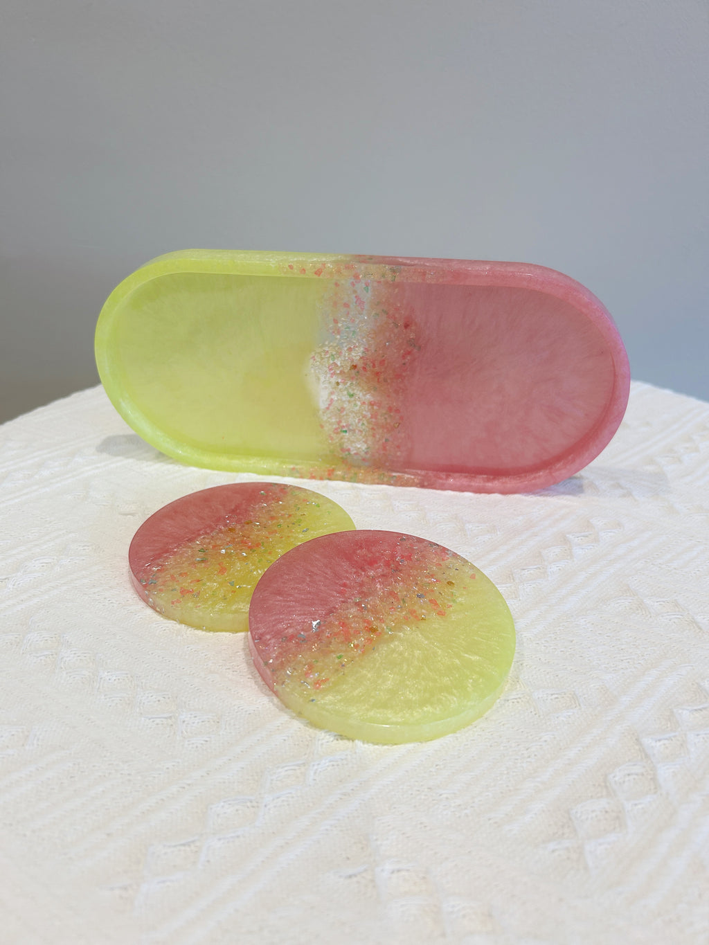 【Crystal Glow】Handmade Resin Coaster & Trinket Tray (3-piece set)