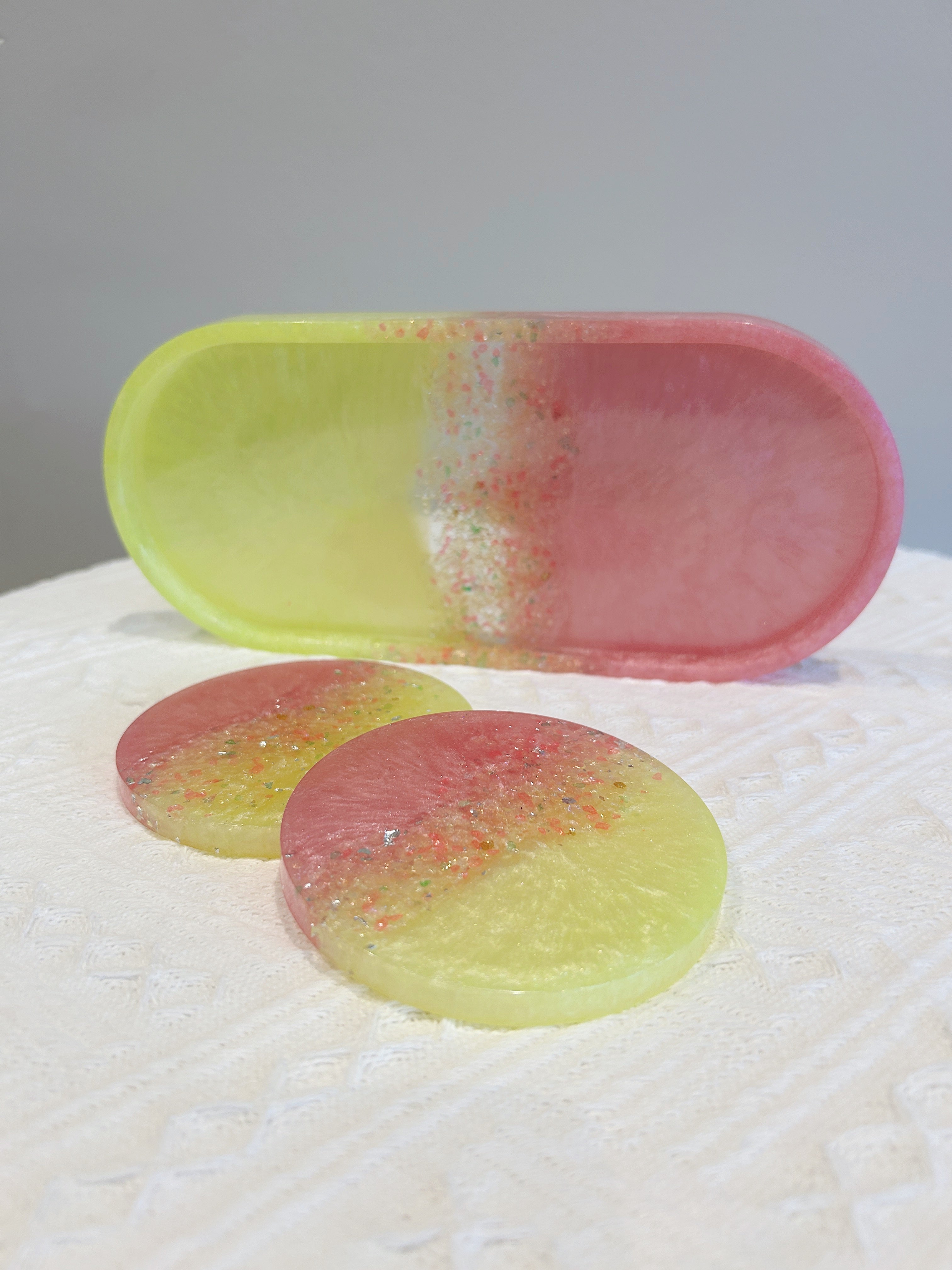 【Crystal Glow】Handmade Resin Coaster & Trinket Tray (3-piece set)