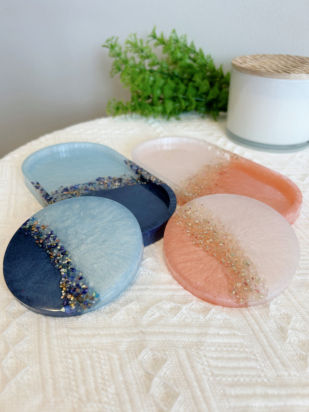 【Crystal Glow】Handmade Resin Coaster & Trinket Tray (2-piece set)