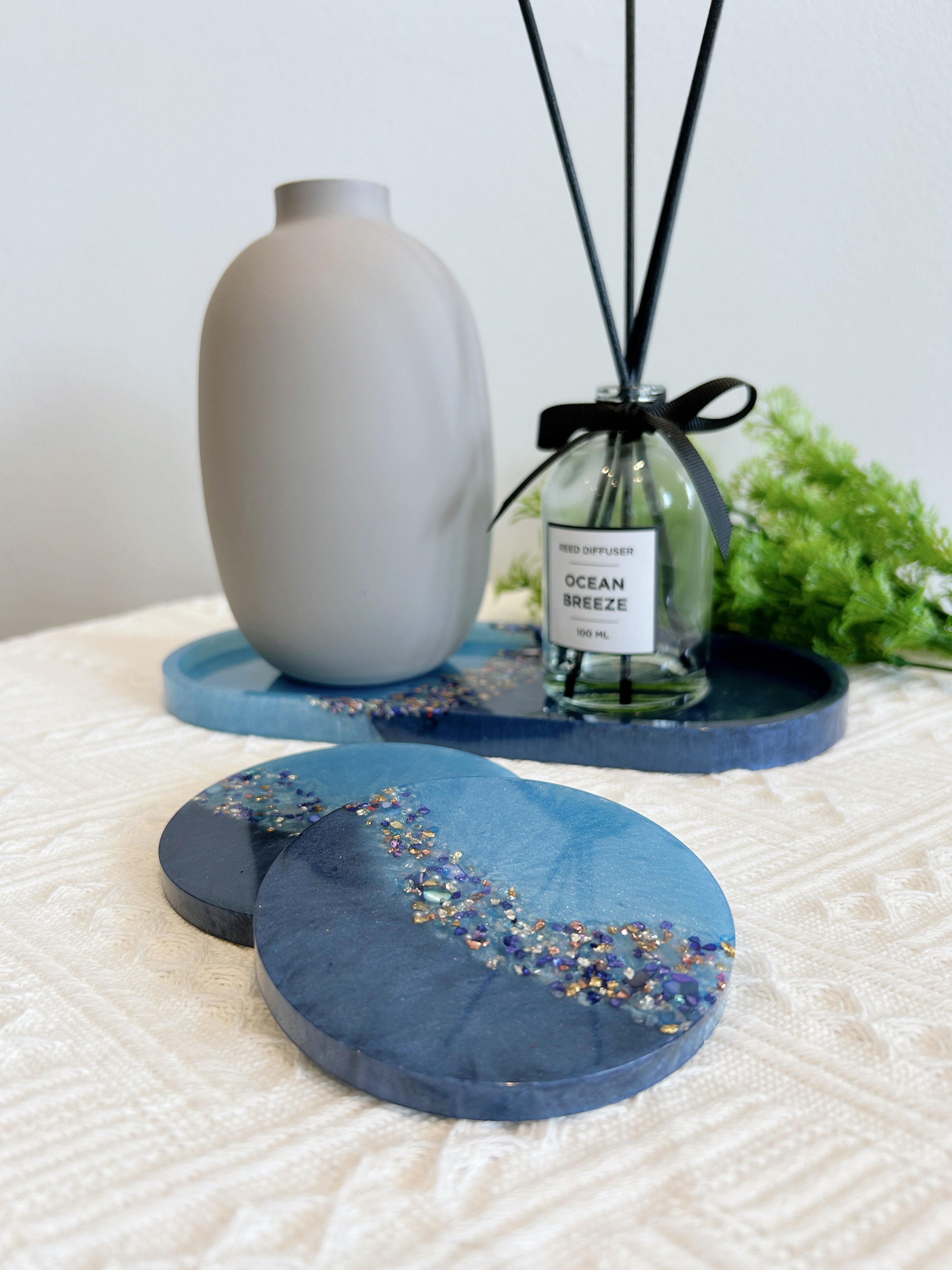 【Crystal Glow】Handmade Resin Coaster & Trinket Tray (3-piece set)