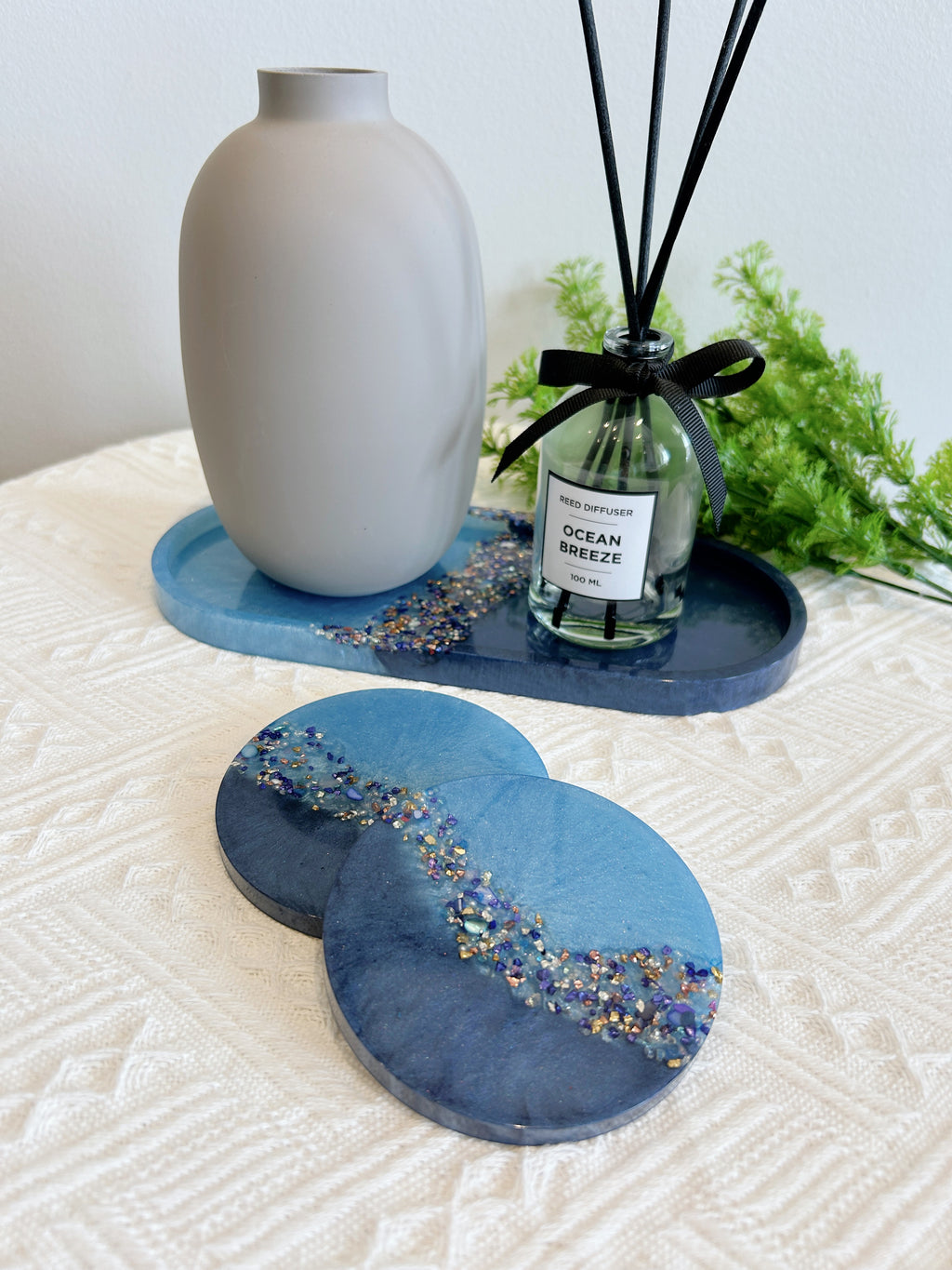【Crystal Glow】Handmade Resin Coaster & Trinket Tray (3-piece set)
