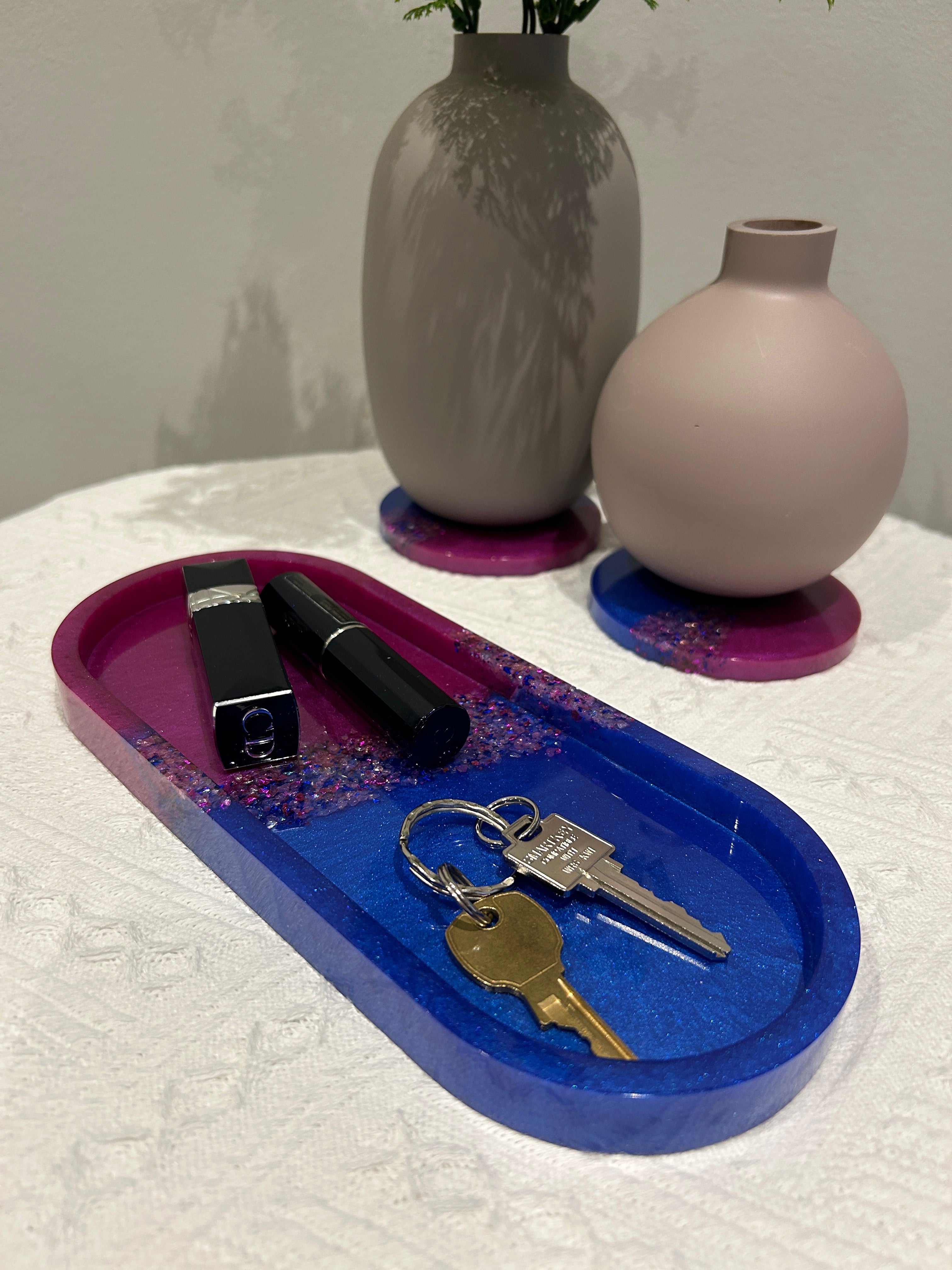 【Crystal Glow】Handmade Resin Coaster & Trinket Tray (3-piece set)