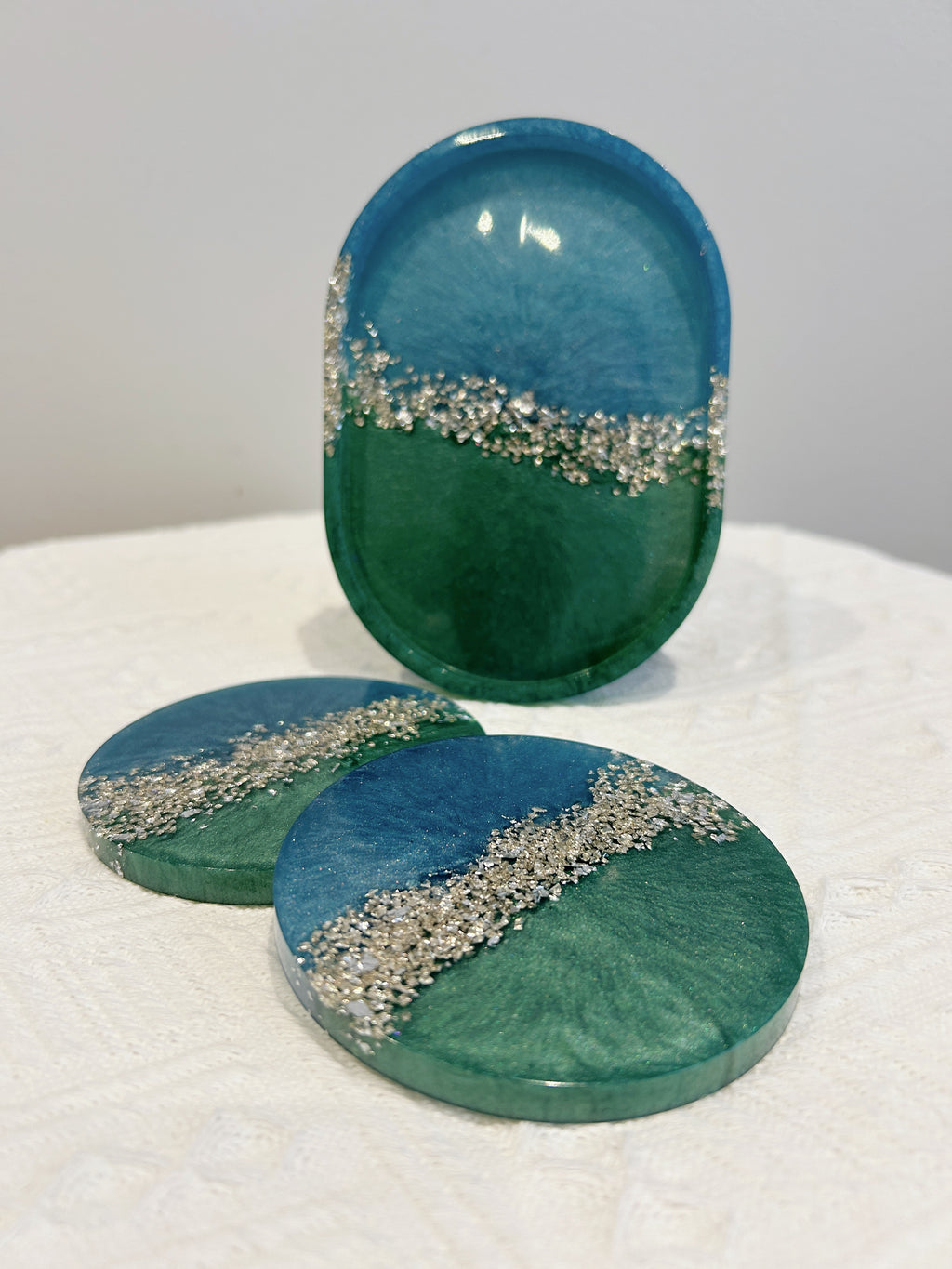 【Crystal Glow】Handmade Resin Coaster & Trinket Tray (3-piece set)