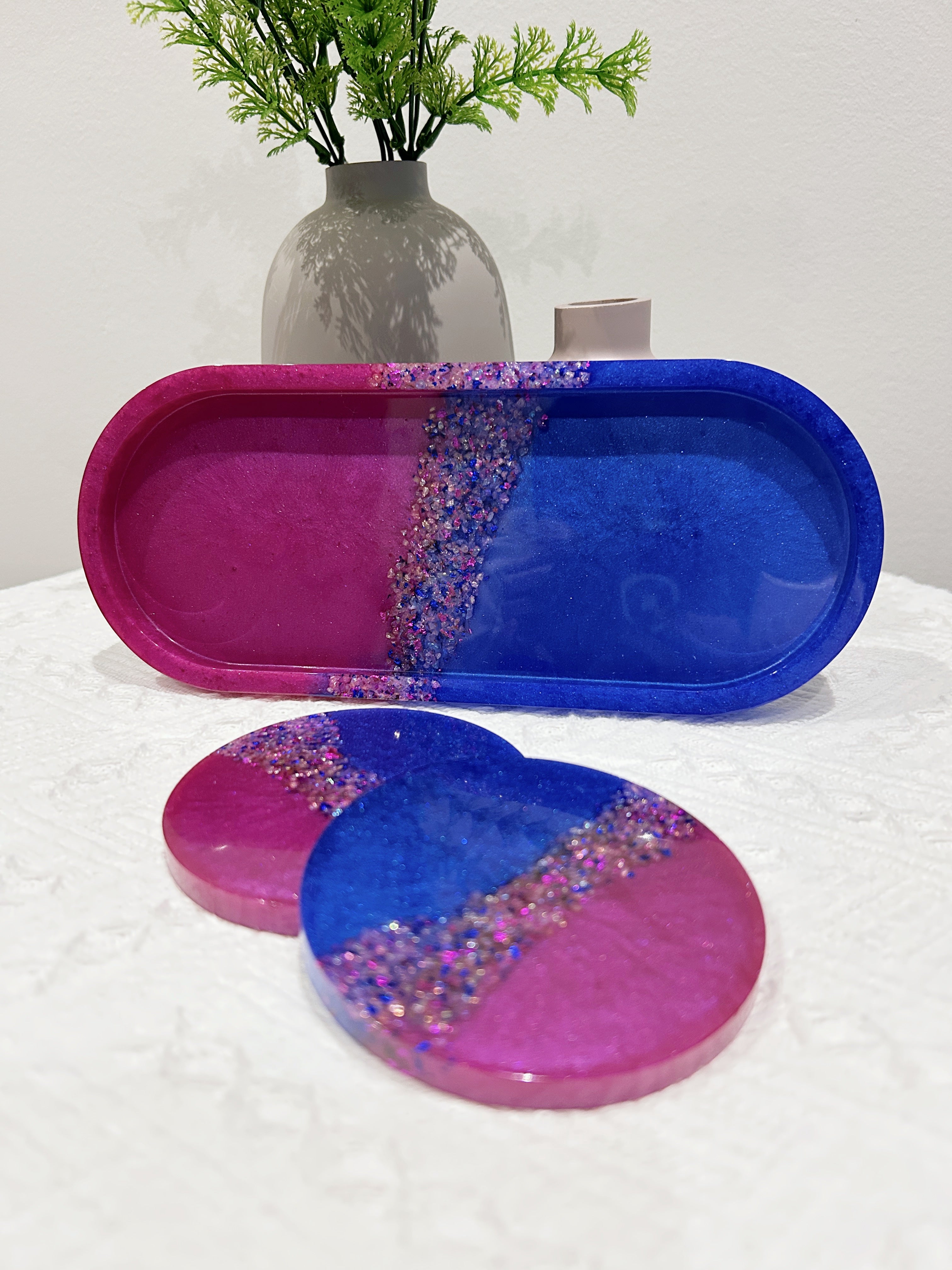 【Crystal Glow】Handmade Resin Coaster & Trinket Tray (3-piece set)