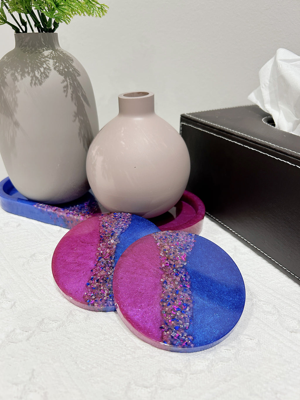 【Crystal Glow】Handmade Resin Coaster & Trinket Tray (3-piece set)