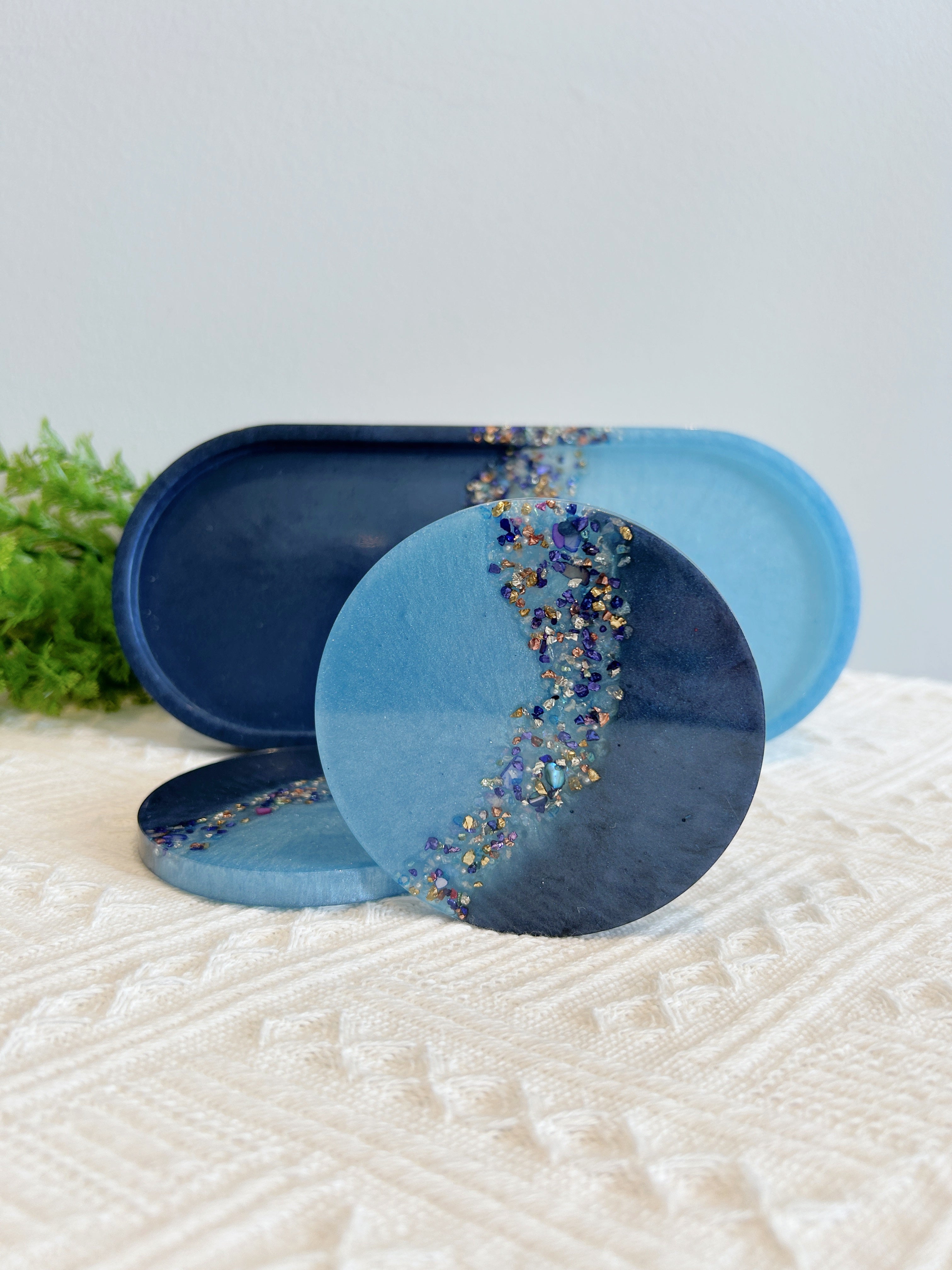 【Crystal Glow】Handmade Resin Coaster & Trinket Tray (3-piece set)