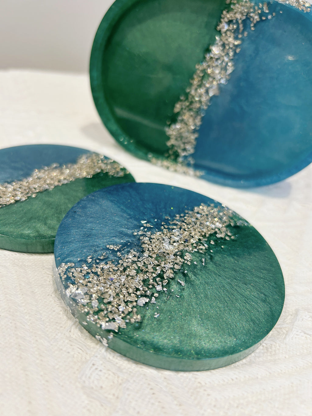 【Crystal Glow】Handmade Resin Coaster & Trinket Tray (3-piece set)