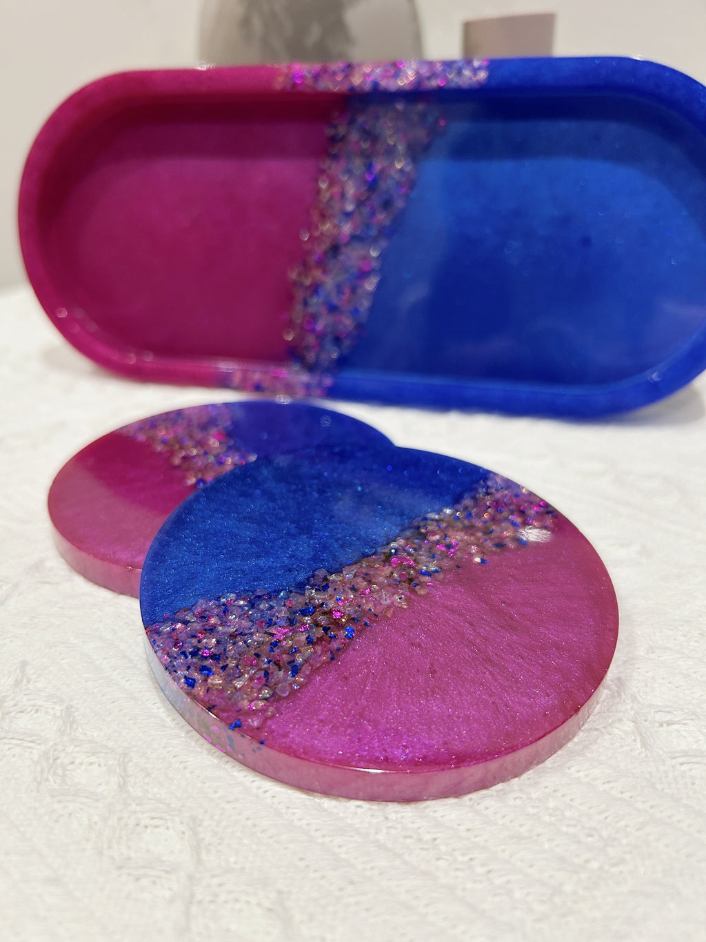 【Crystal Glow】Handmade Resin Coaster & Trinket Tray (3-piece set)