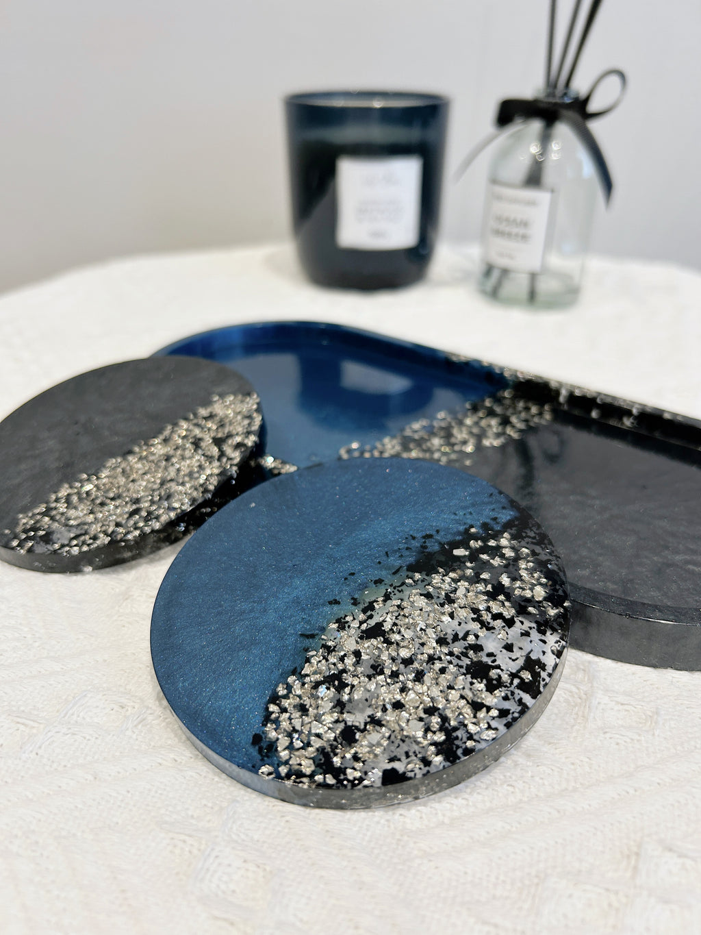 【Crystal Glow】Handmade Resin Coaster & Trinket Tray (3-piece set)