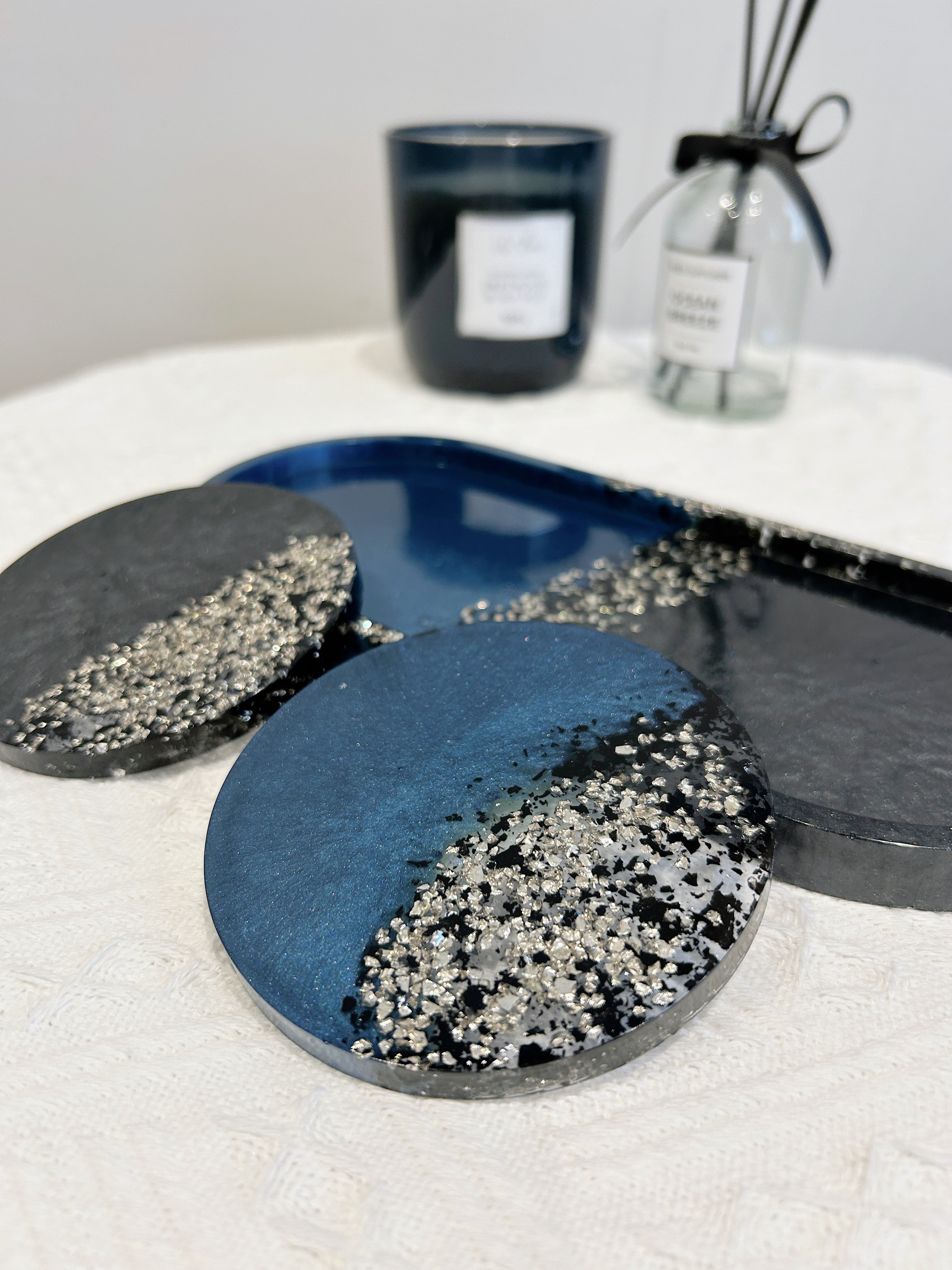 【Crystal Glow】Handmade Resin Coaster & Trinket Tray (3-piece set)