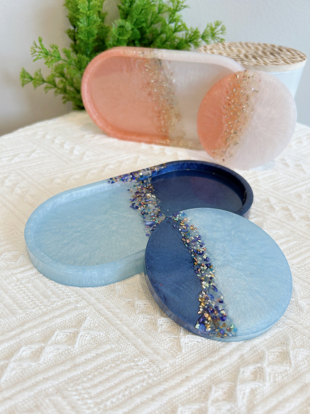 【Crystal Glow】Handmade Resin Coaster & Trinket Tray (2-piece set)