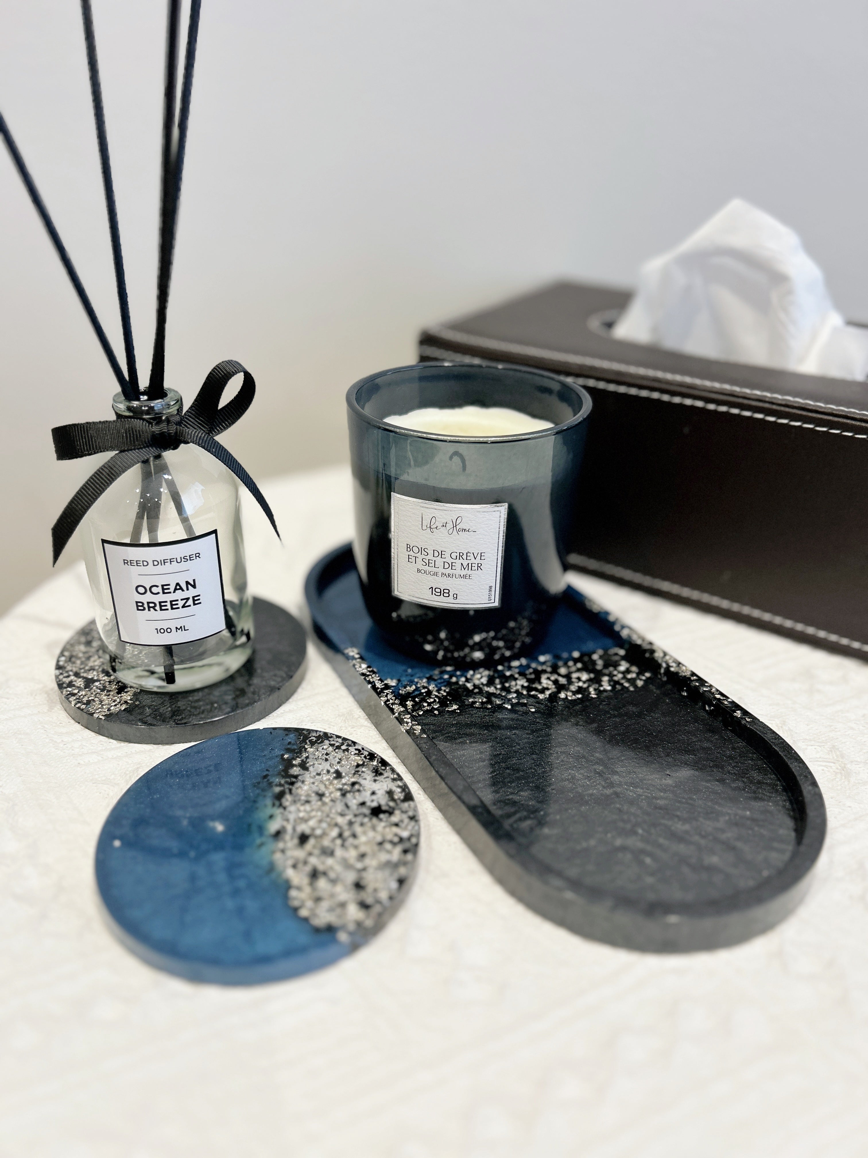 【Crystal Glow】Handmade Resin Coaster & Trinket Tray (3-piece set)