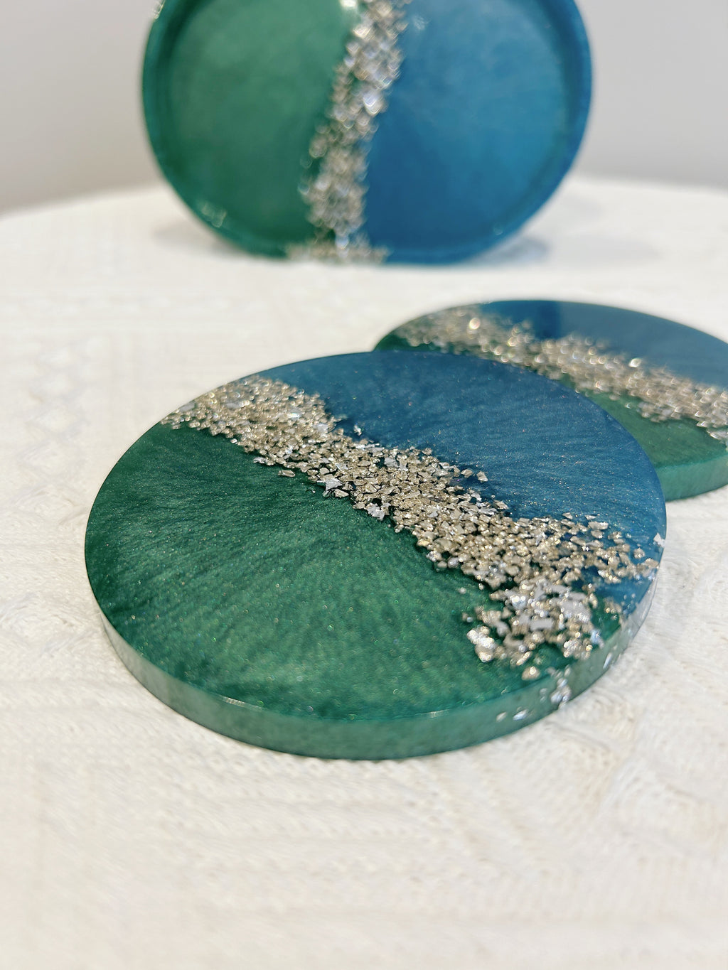 【Crystal Glow】Handmade Resin Coaster & Trinket Tray (3-piece set)