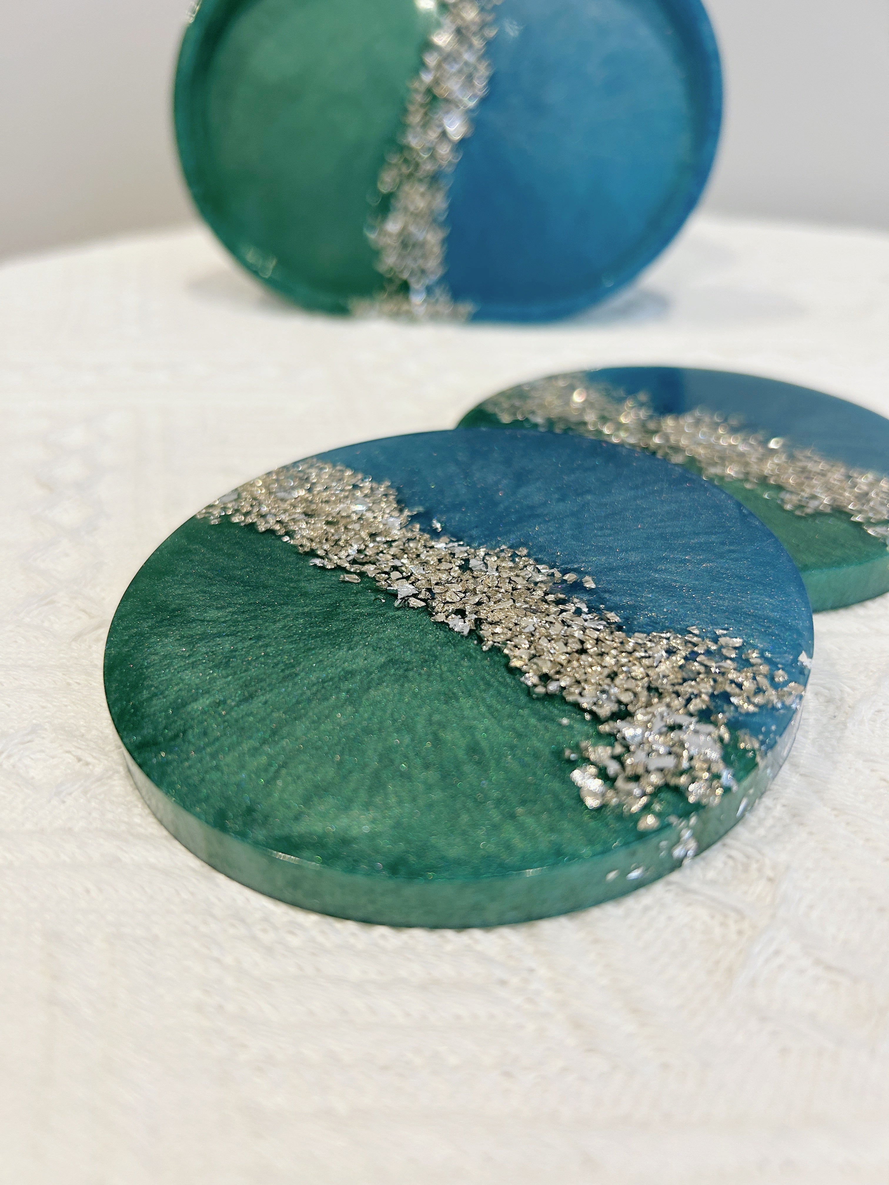 【Crystal Glow】Handmade Resin Coaster & Trinket Tray (3-piece set)