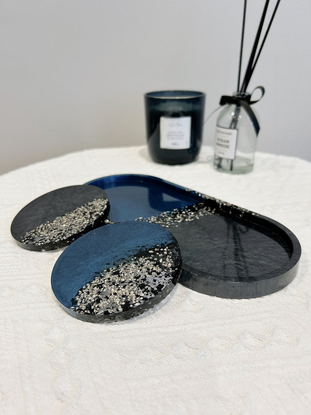 【Crystal Glow】Handmade Resin Coaster & Trinket Tray (3-piece set)