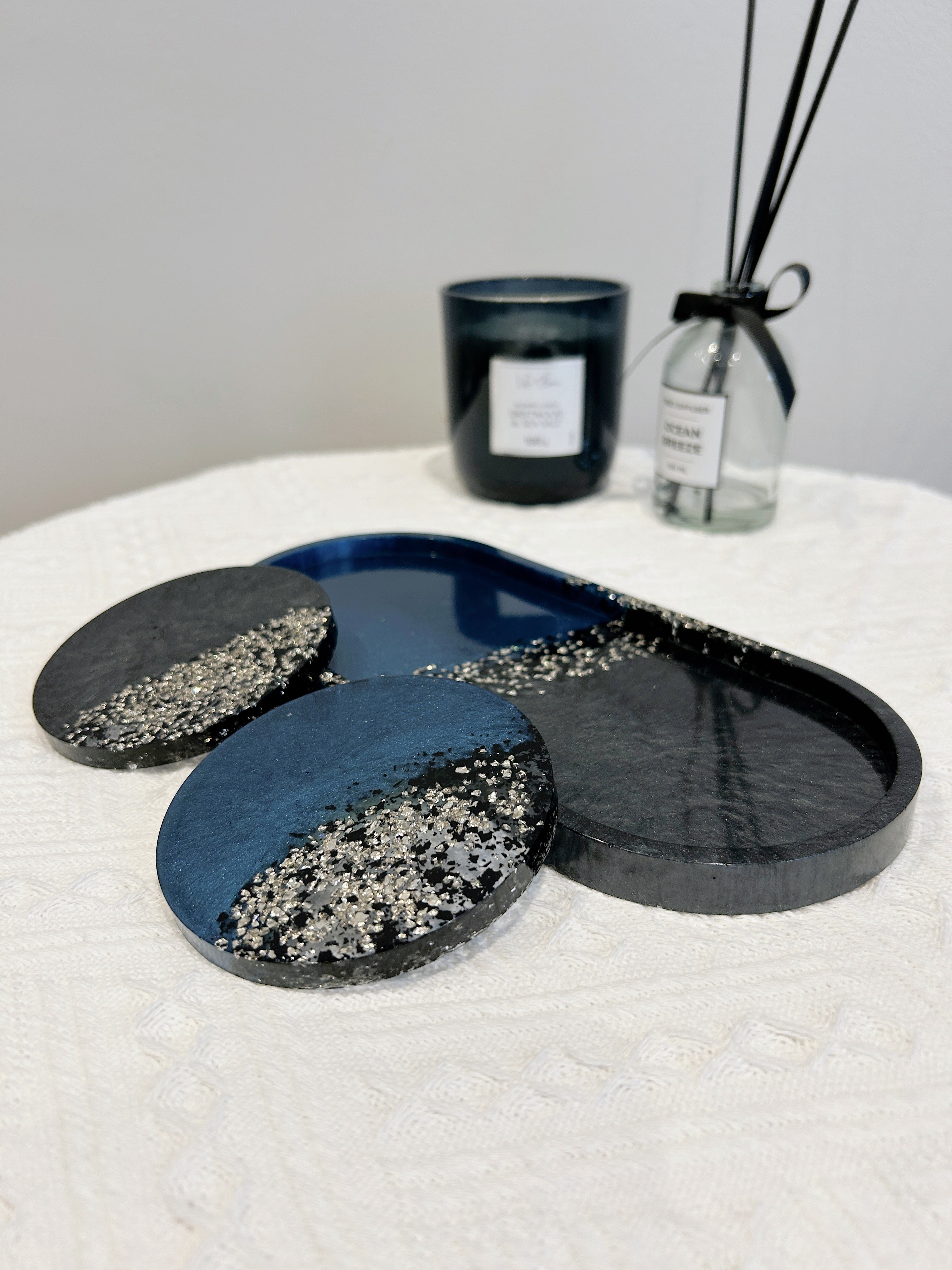 【Crystal Glow】Handmade Resin Coaster & Trinket Tray (3-piece set)