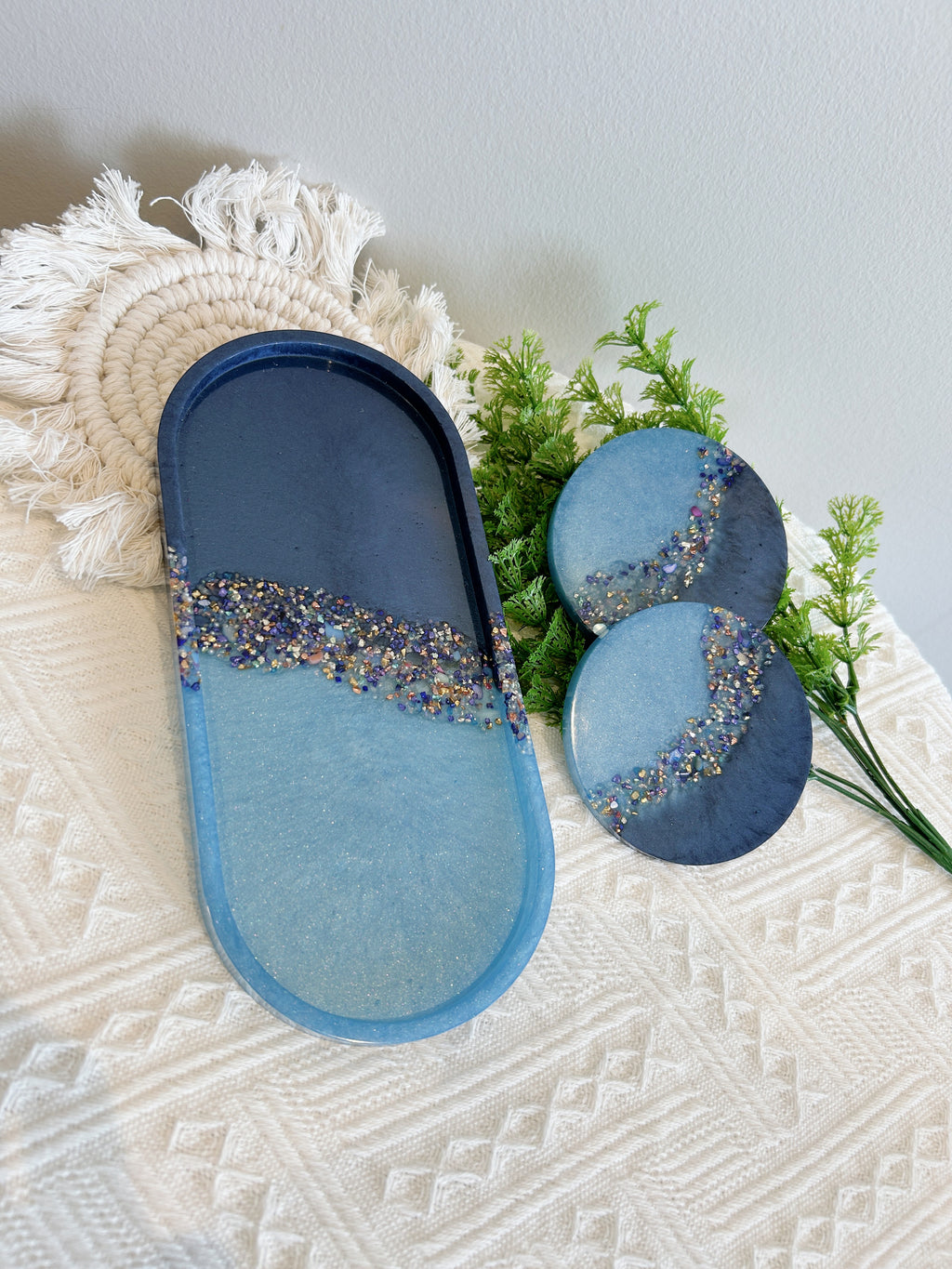 【Crystal Glow】Handmade Resin Coaster & Trinket Tray (3-piece set)