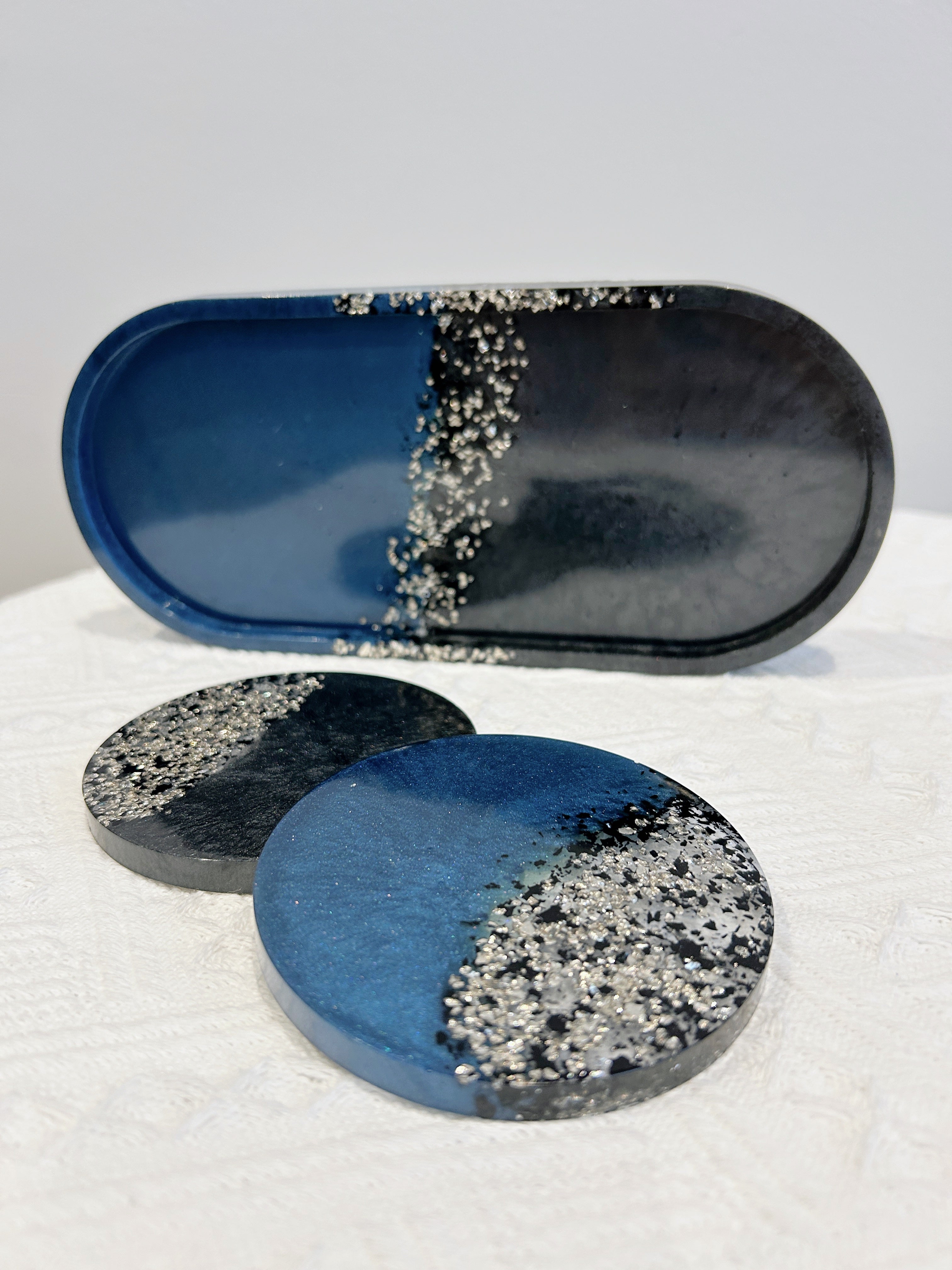 【Crystal Glow】Handmade Resin Coaster & Trinket Tray (3-piece set)