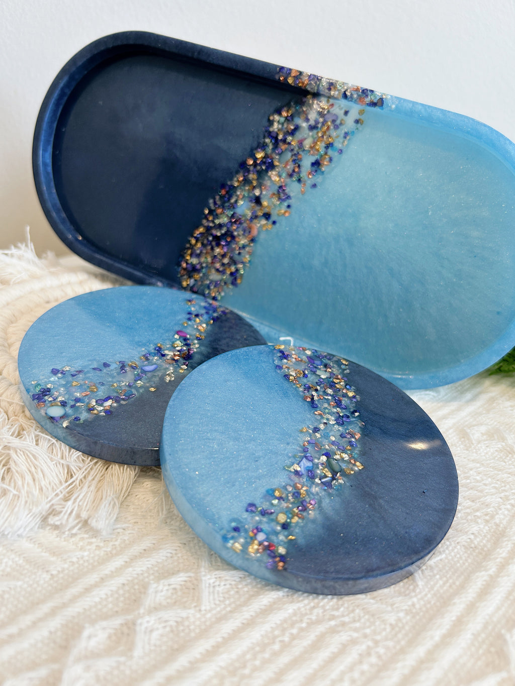 【Crystal Glow】Handmade Resin Coaster & Trinket Tray (3-piece set)