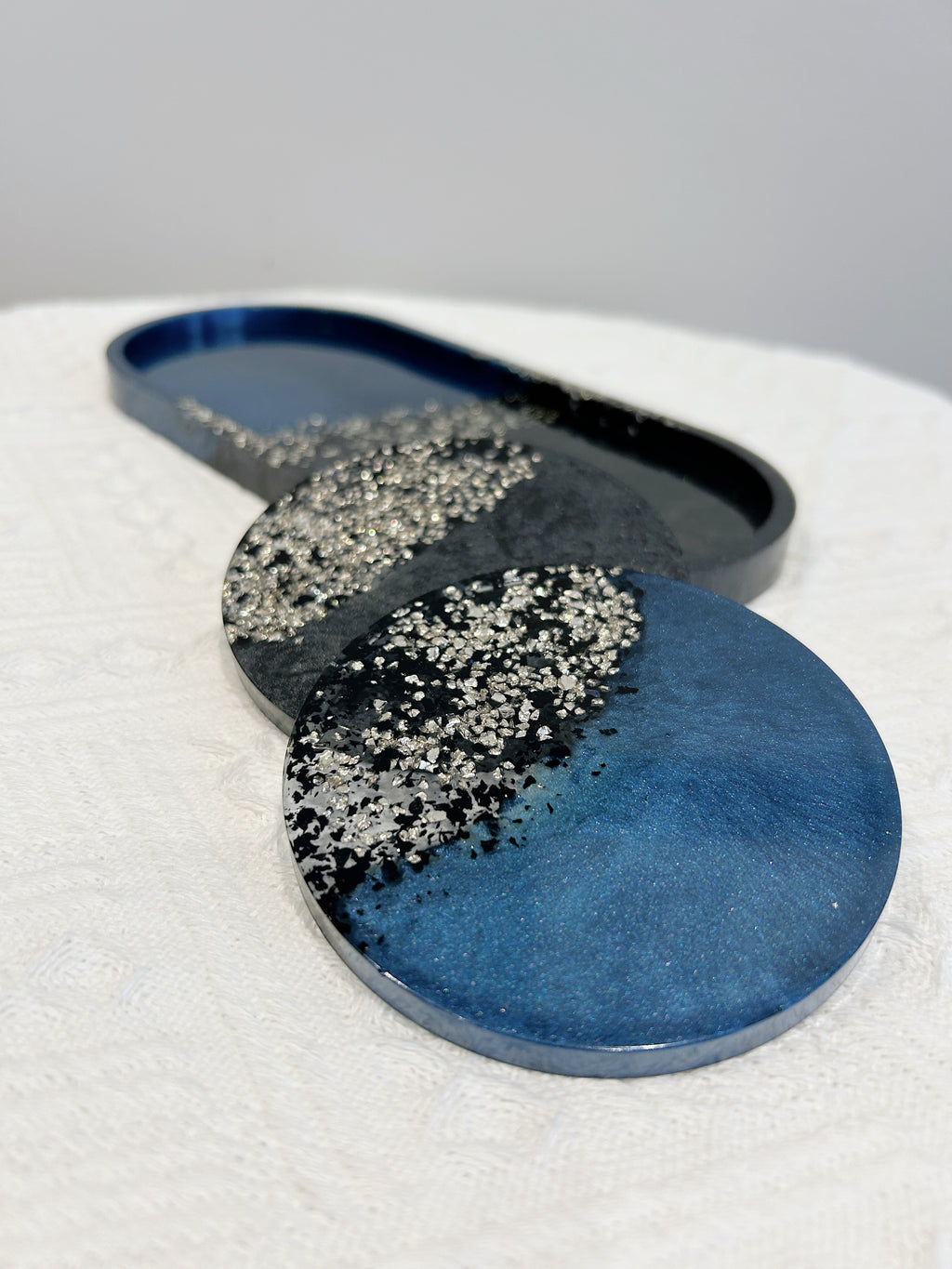 【Crystal Glow】Handmade Resin Coaster & Trinket Tray (3-piece set)