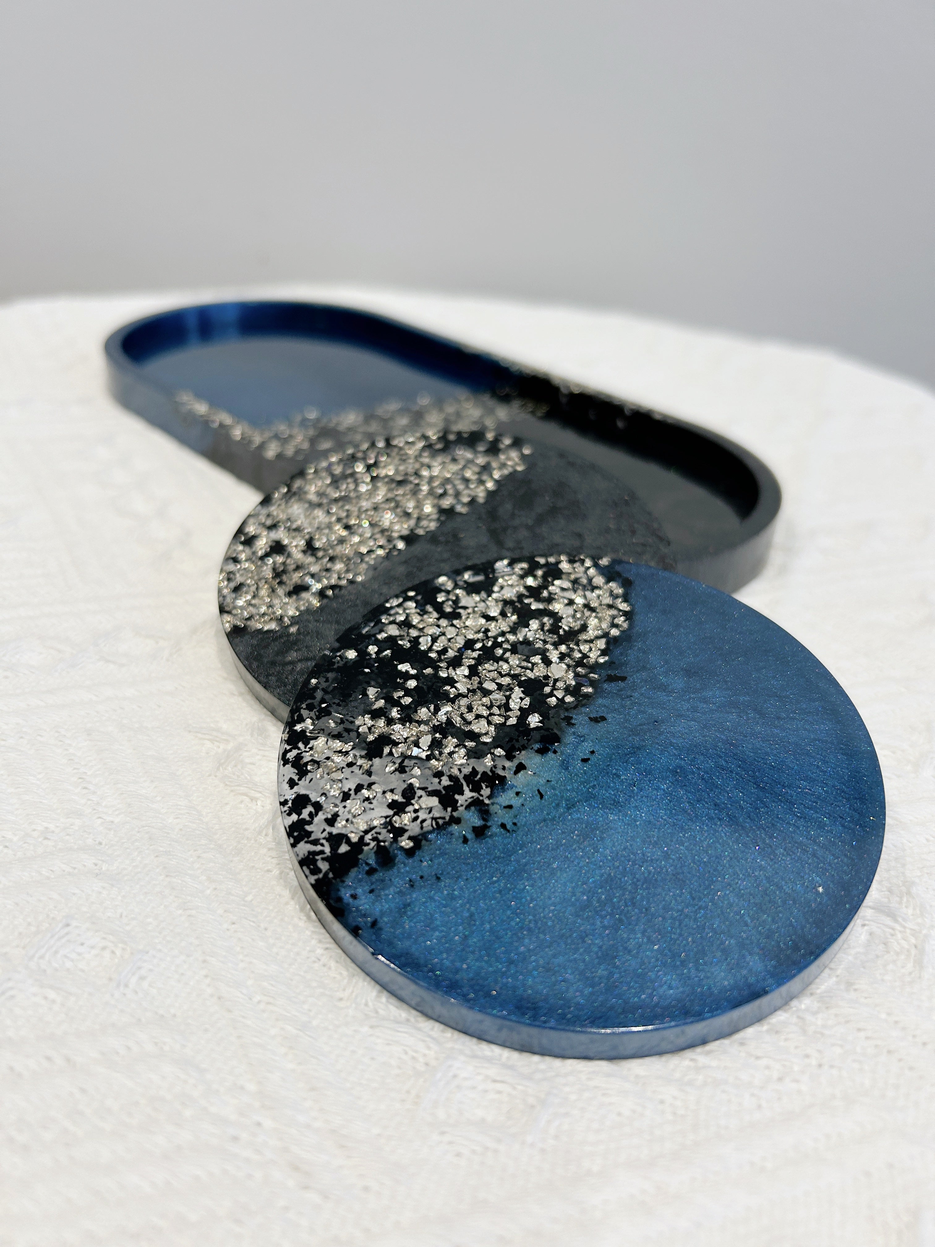 【Crystal Glow】Handmade Resin Coaster & Trinket Tray (3-piece set)