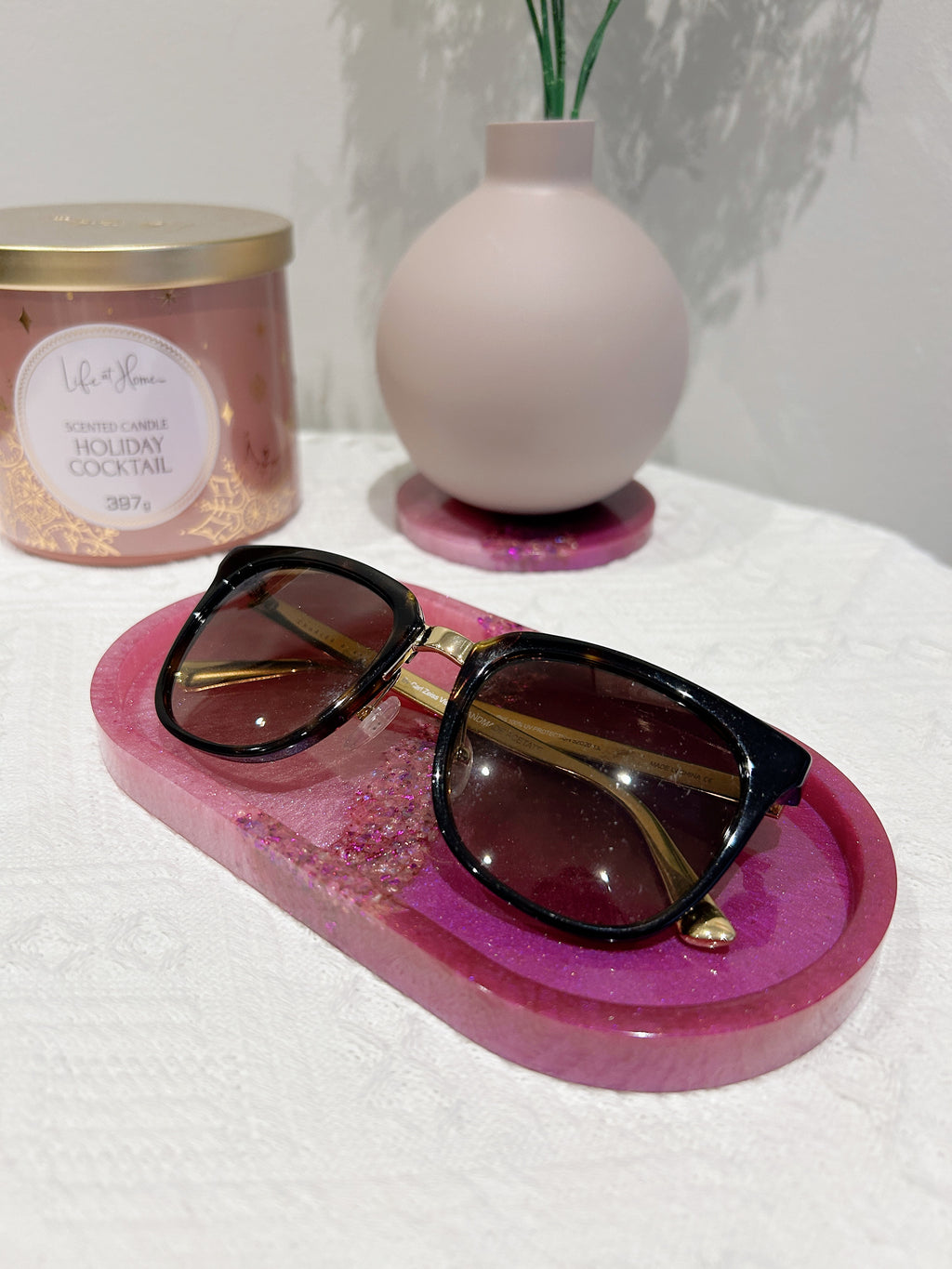 【Crystal Glow】Handmade Resin Coaster & Trinket Tray (2-piece set)