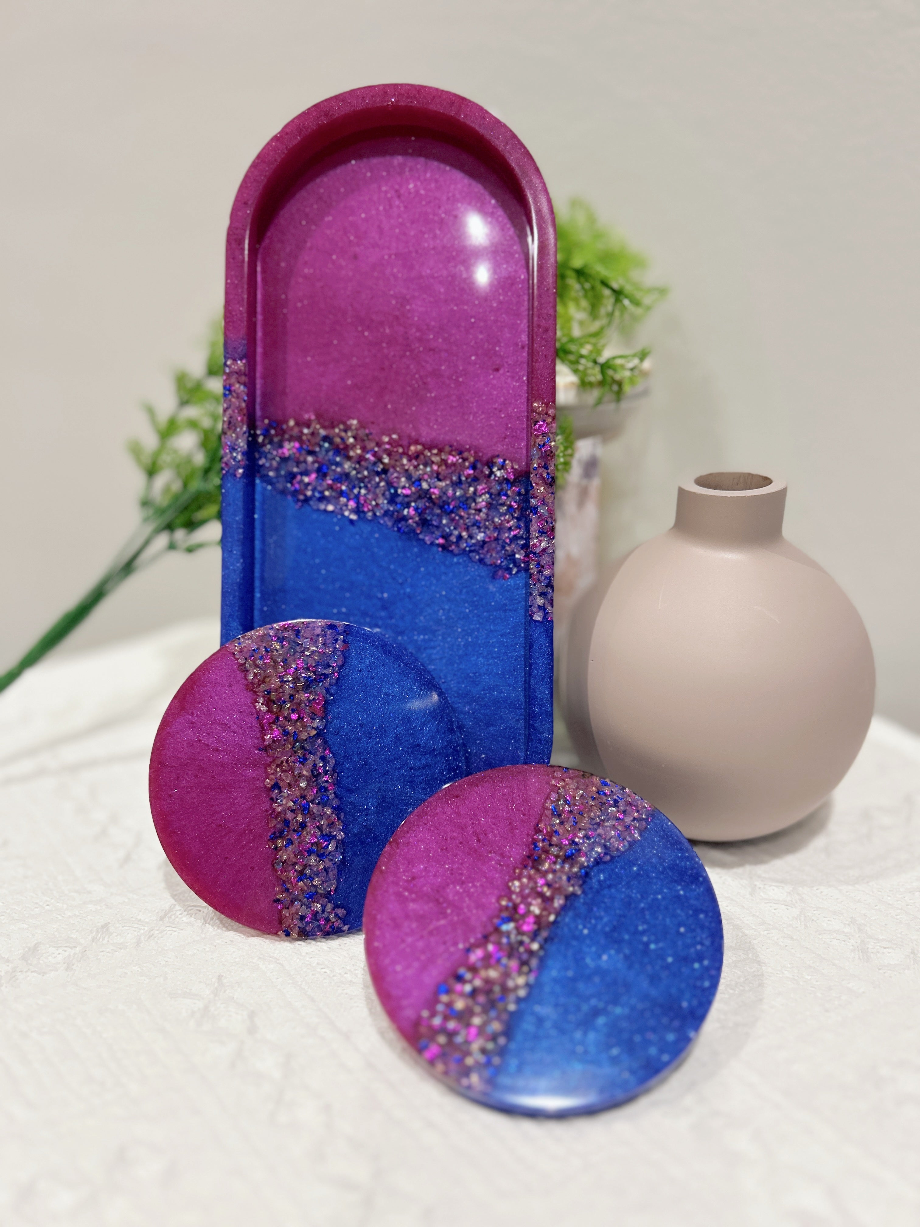 【Crystal Glow】Handmade Resin Coaster & Trinket Tray (3-piece set)
