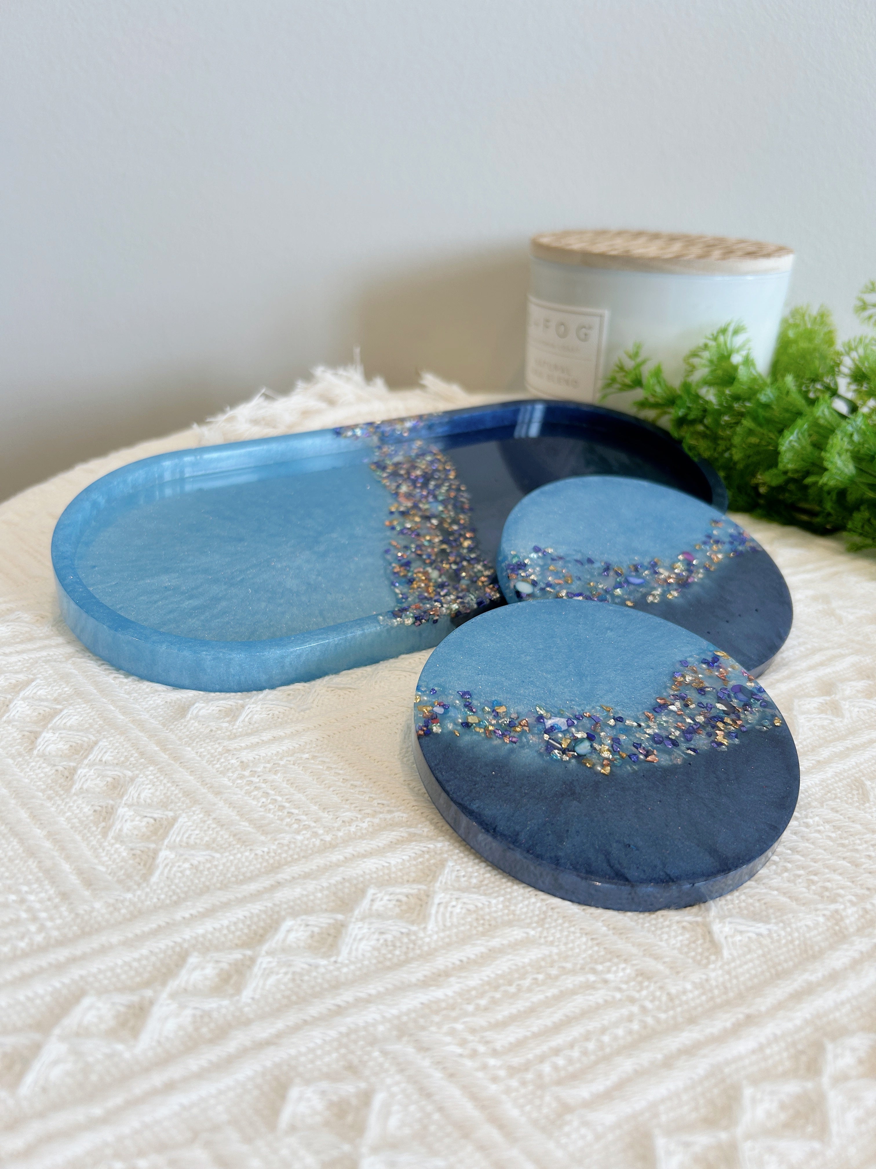 【Crystal Glow】Handmade Resin Coaster & Trinket Tray (3-piece set)