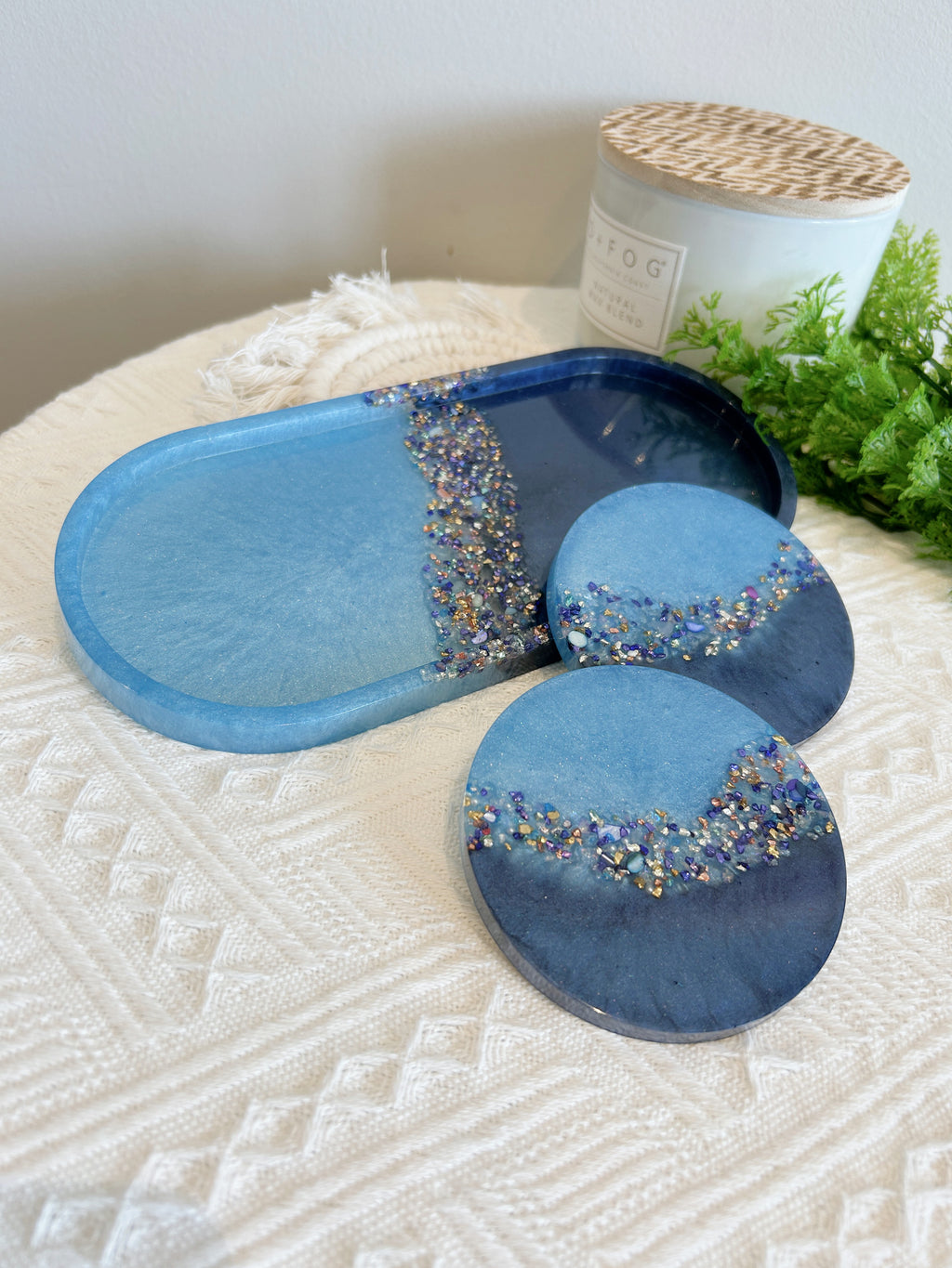 【Crystal Glow】Handmade Resin Coaster & Trinket Tray (3-piece set)
