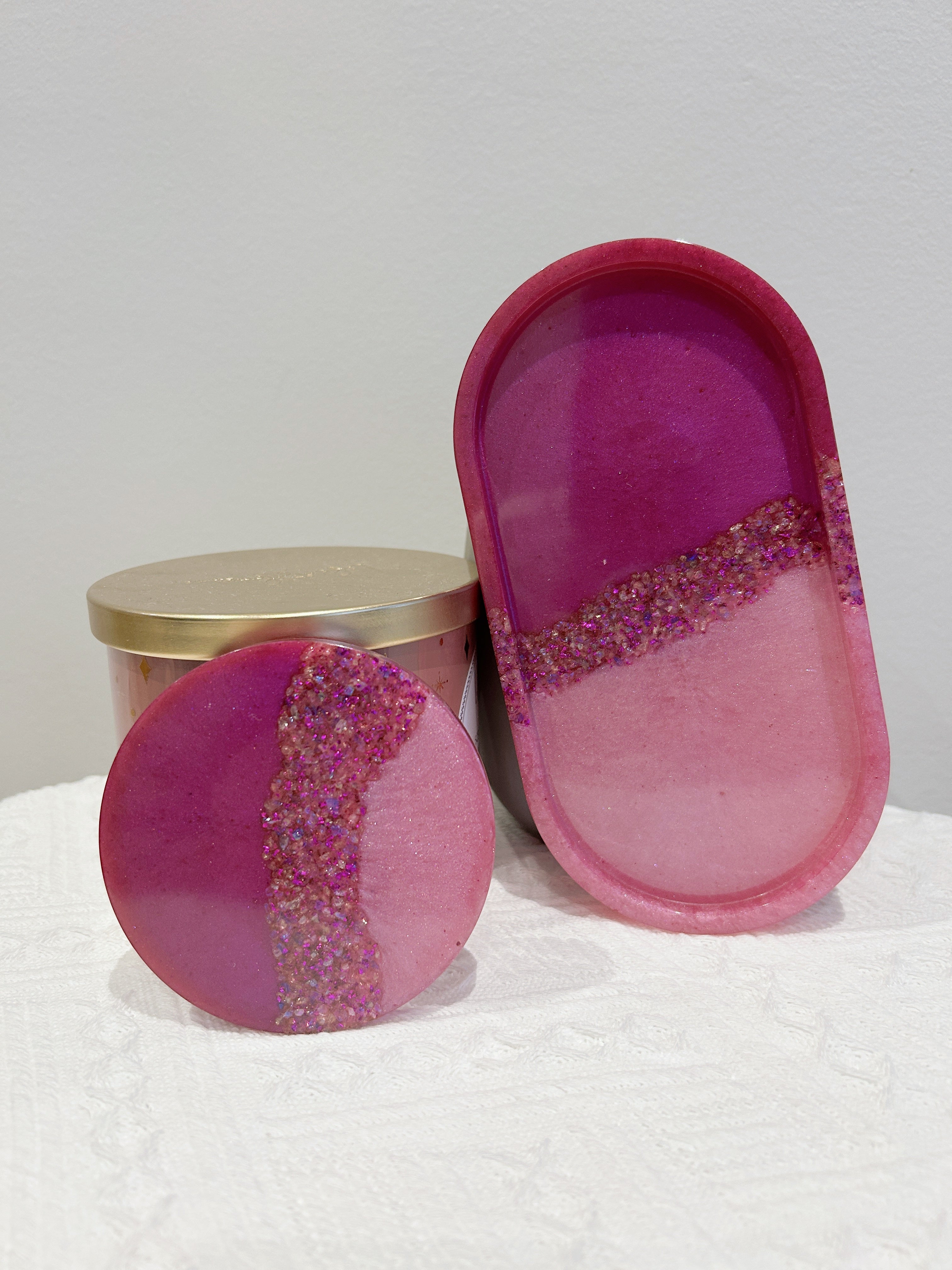 【Crystal Glow】Handmade Resin Coaster & Trinket Tray (2-piece set)