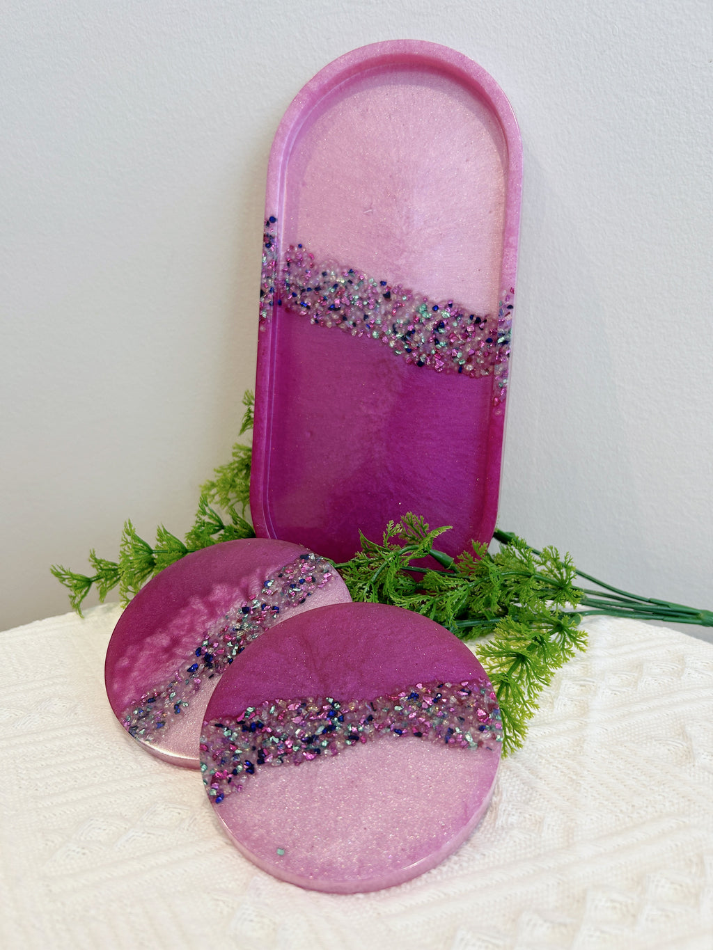 【Crystal Glow】Handmade Resin Coaster & Trinket Tray (3-piece set)