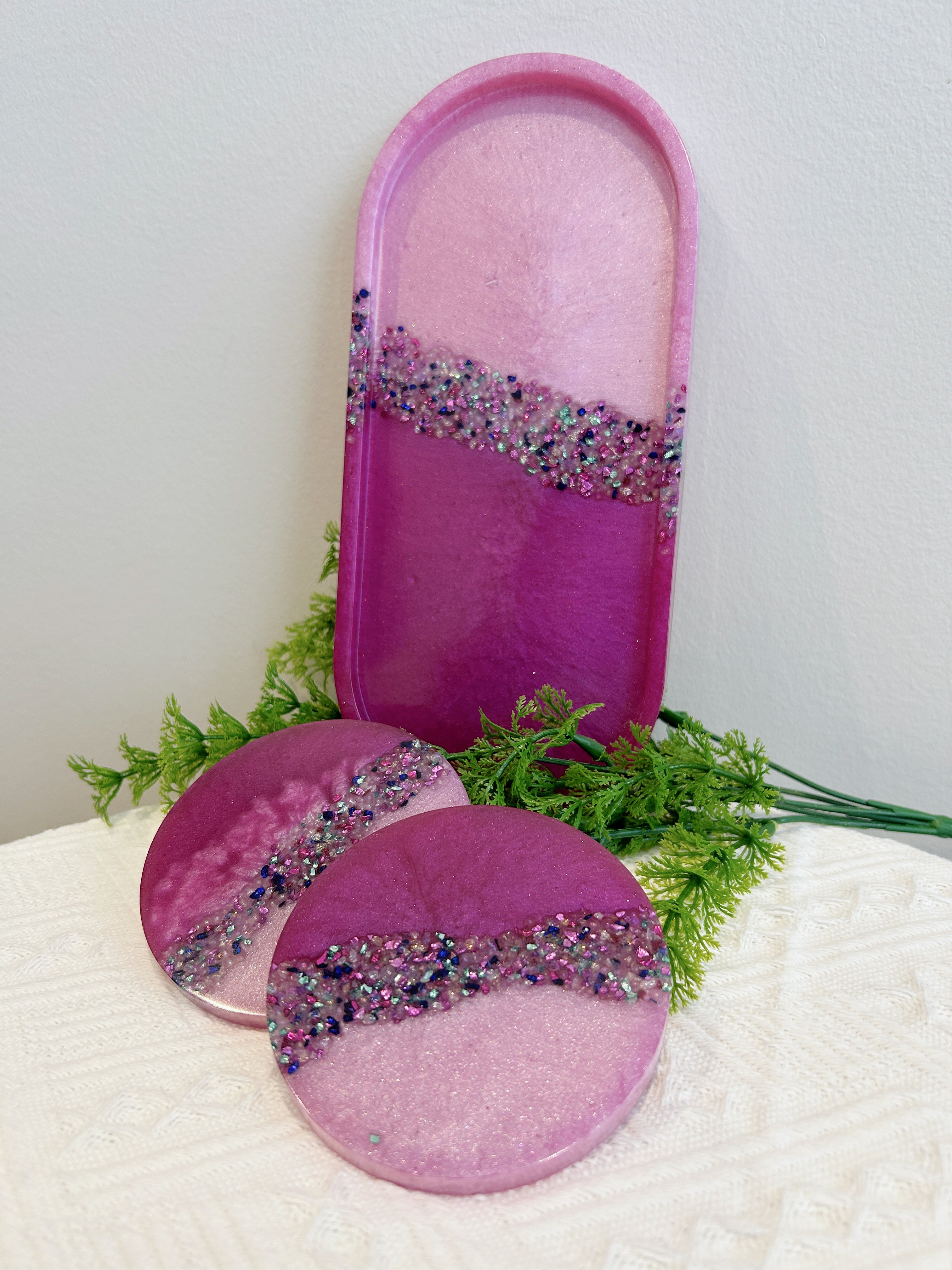 【Crystal Glow】Handmade Resin Coaster & Trinket Tray (3-piece set)