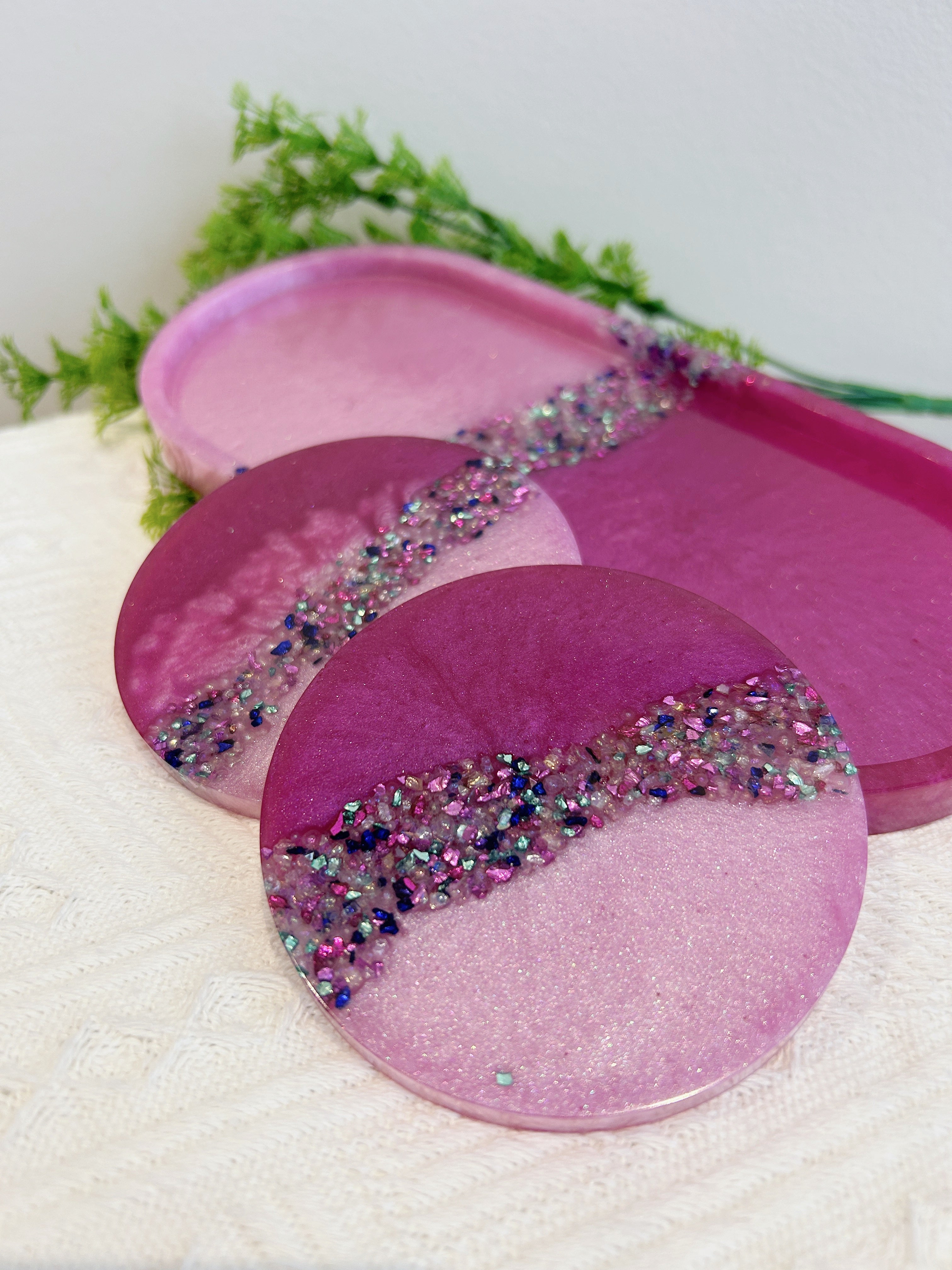 【Crystal Glow】Handmade Resin Coaster & Trinket Tray (3-piece set)