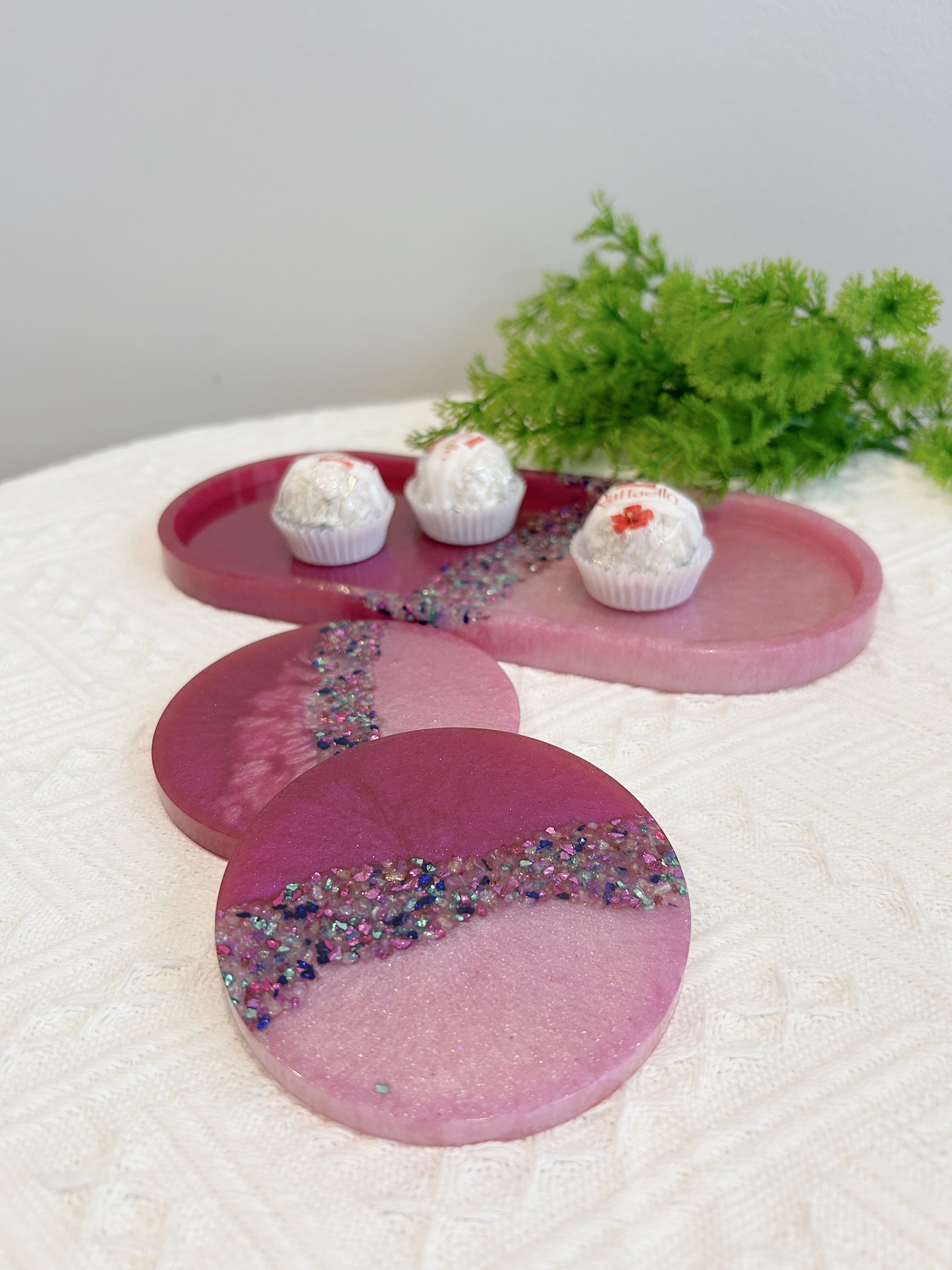 【Crystal Glow】Handmade Resin Coaster & Trinket Tray (3-piece set)
