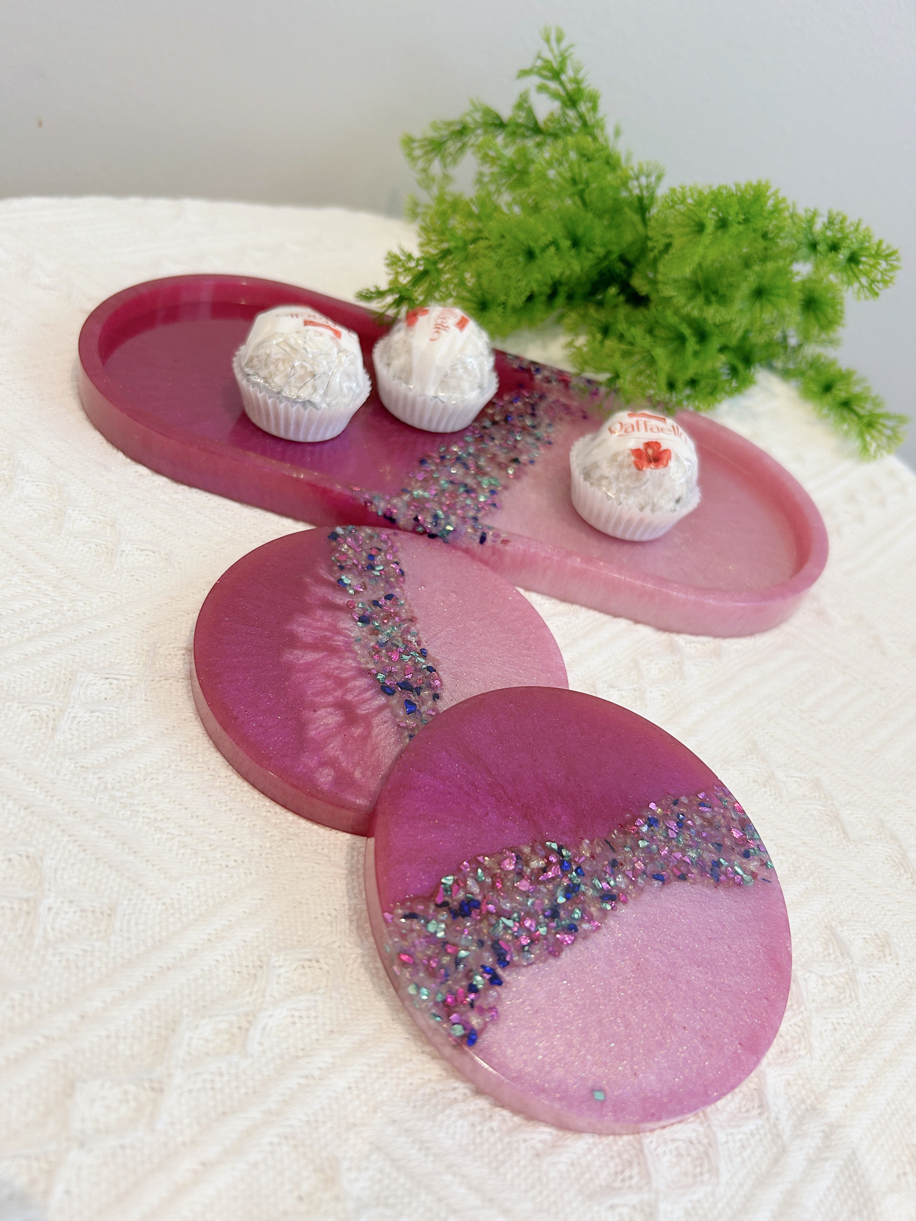 【Crystal Glow】Handmade Resin Coaster & Trinket Tray (3-piece set)