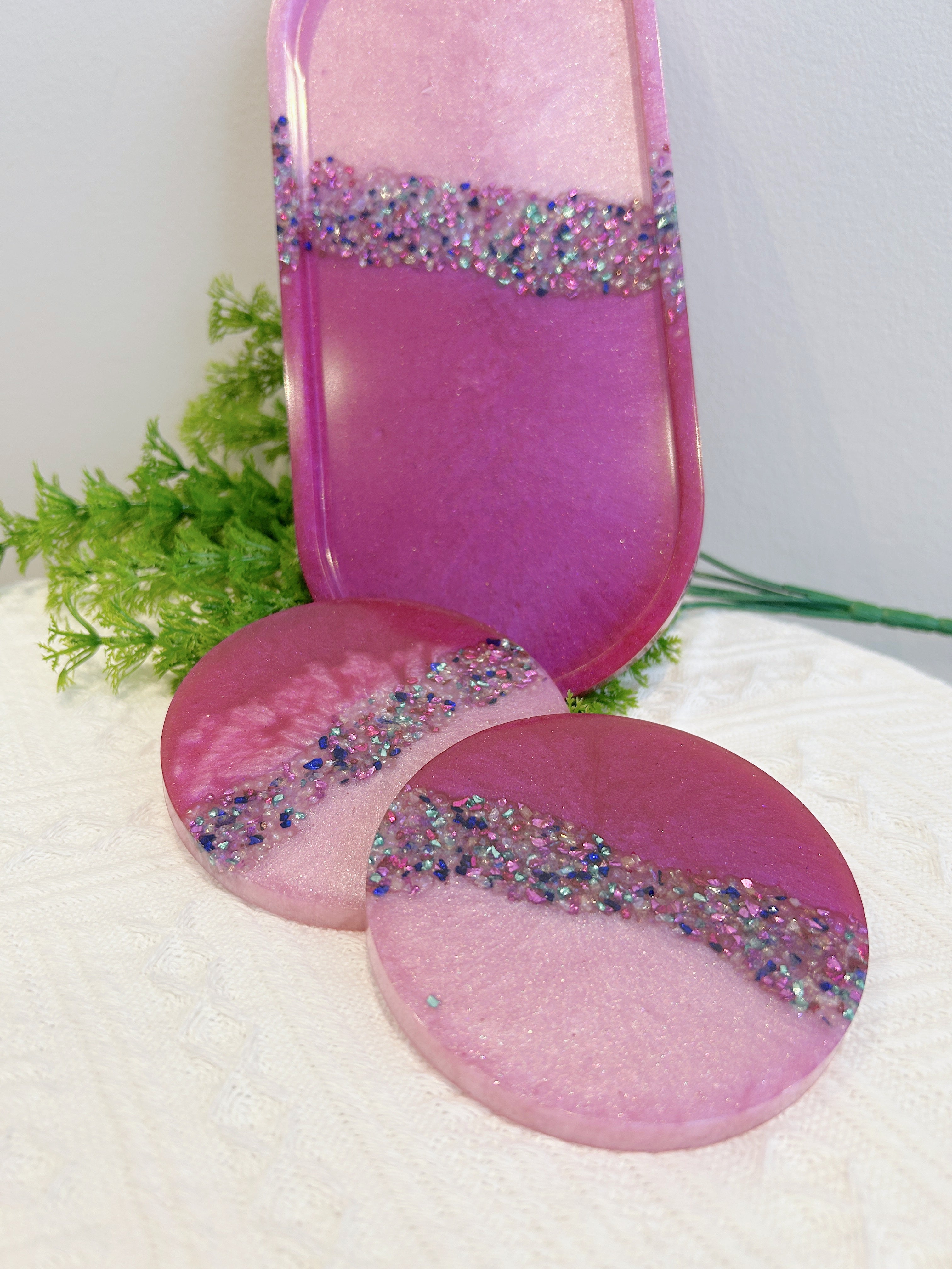 【Crystal Glow】Handmade Resin Coaster & Trinket Tray (3-piece set)