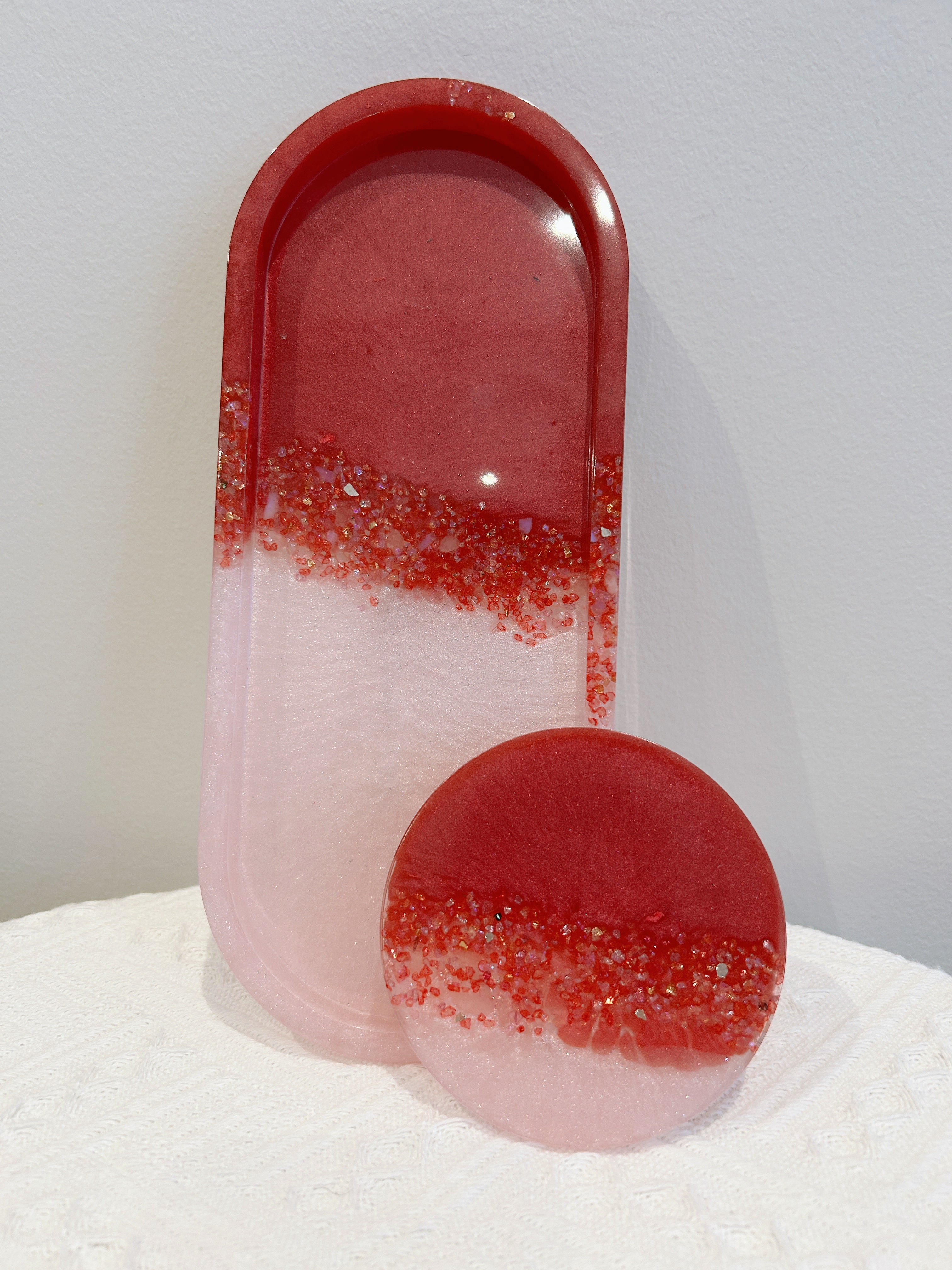 【Crystal Glow】Handmade Resin Coaster & Trinket Tray (2-piece set)