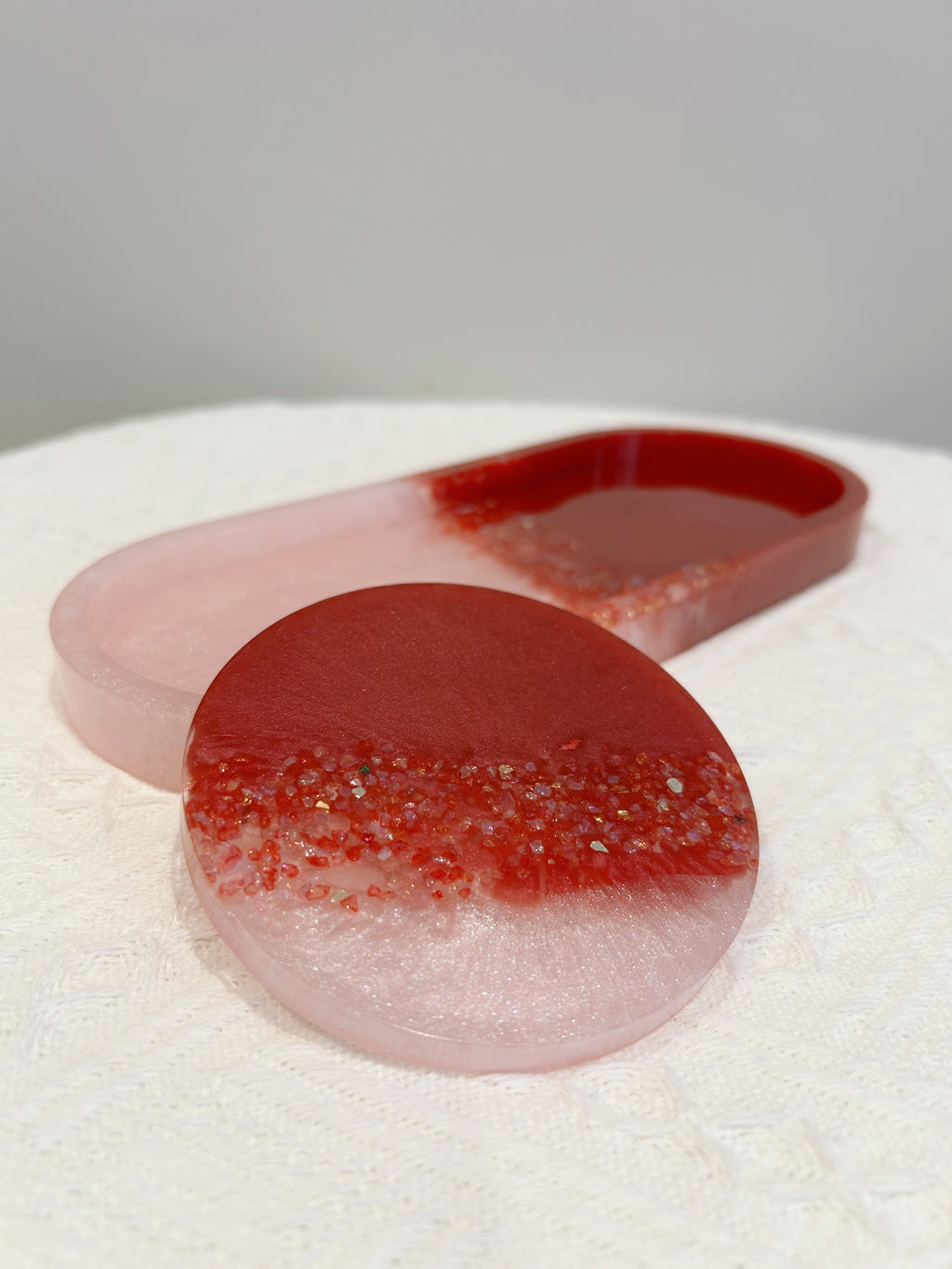 【Crystal Glow】Handmade Resin Coaster & Trinket Tray (2-piece set)