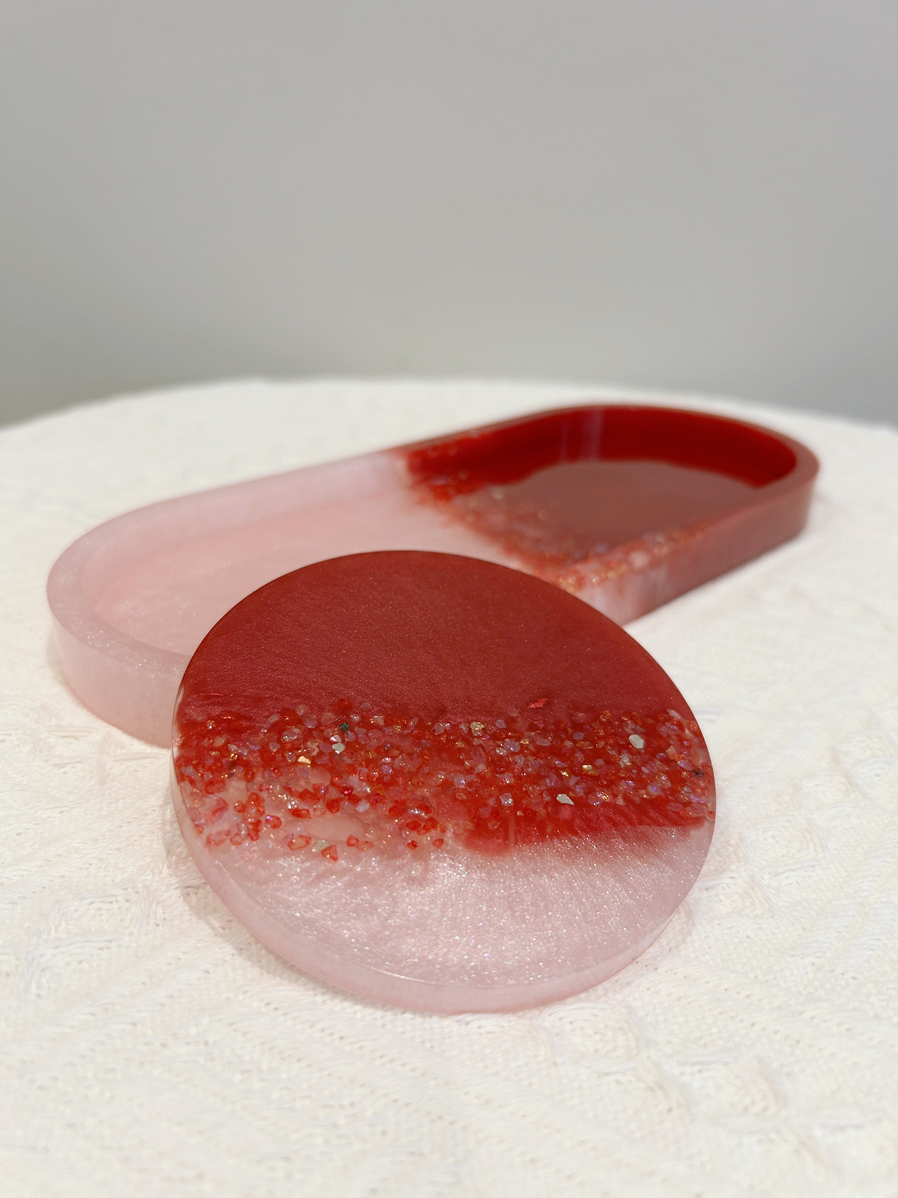 【Crystal Glow】Handmade Resin Coaster & Trinket Tray (2-piece set)