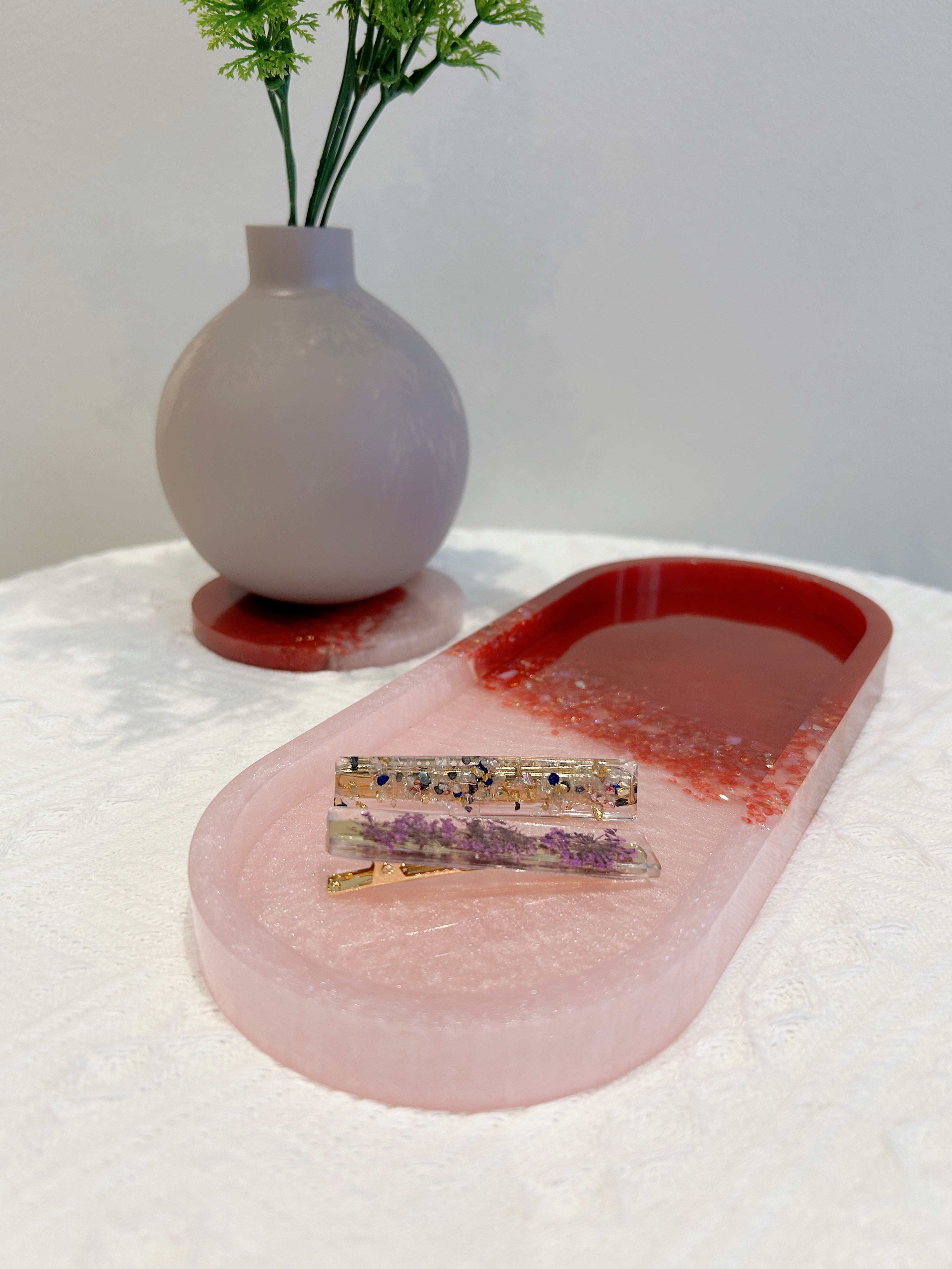 【Crystal Glow】Handmade Resin Coaster & Trinket Tray (2-piece set)