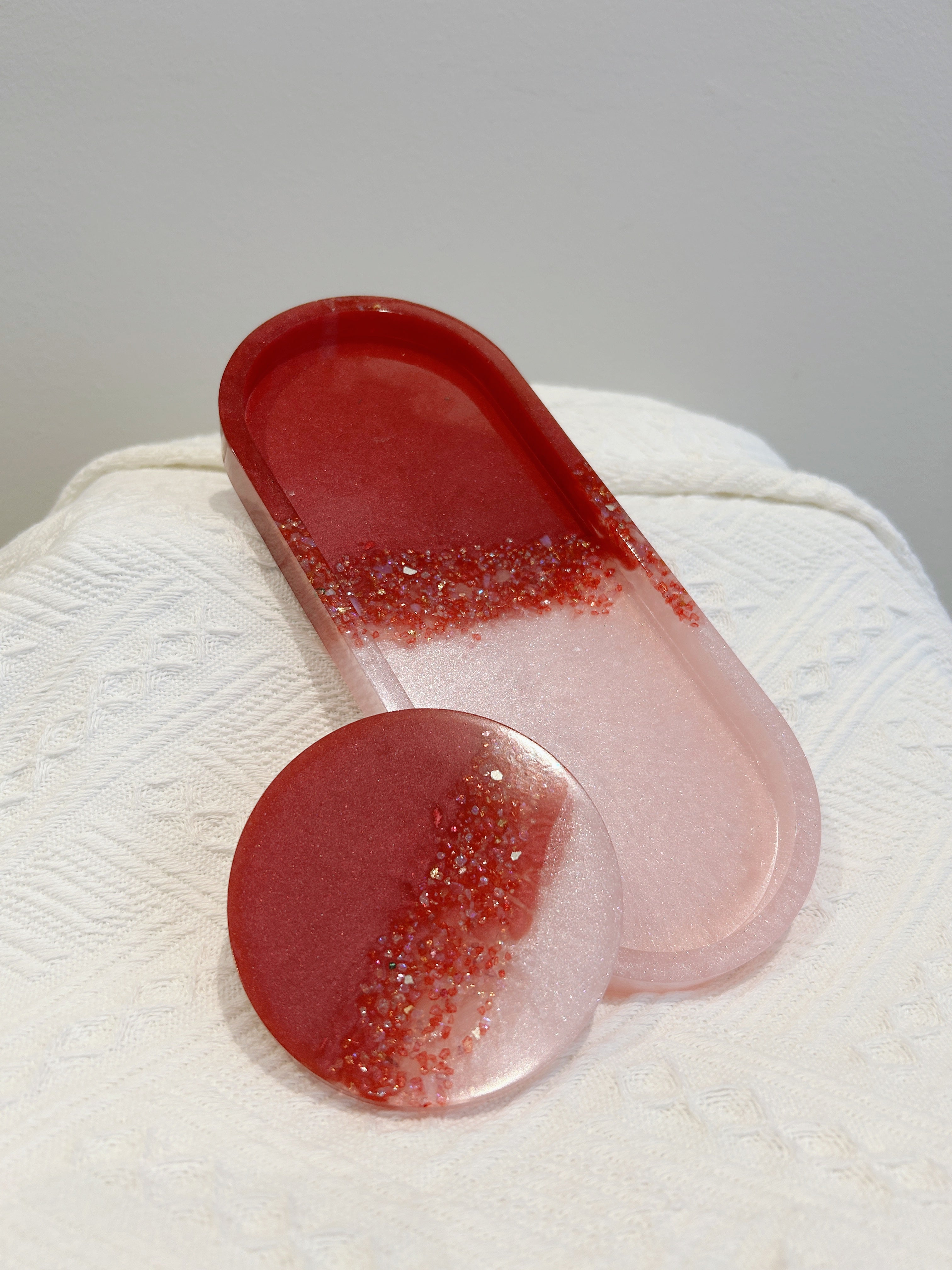 【Crystal Glow】Handmade Resin Coaster & Trinket Tray (2-piece set)
