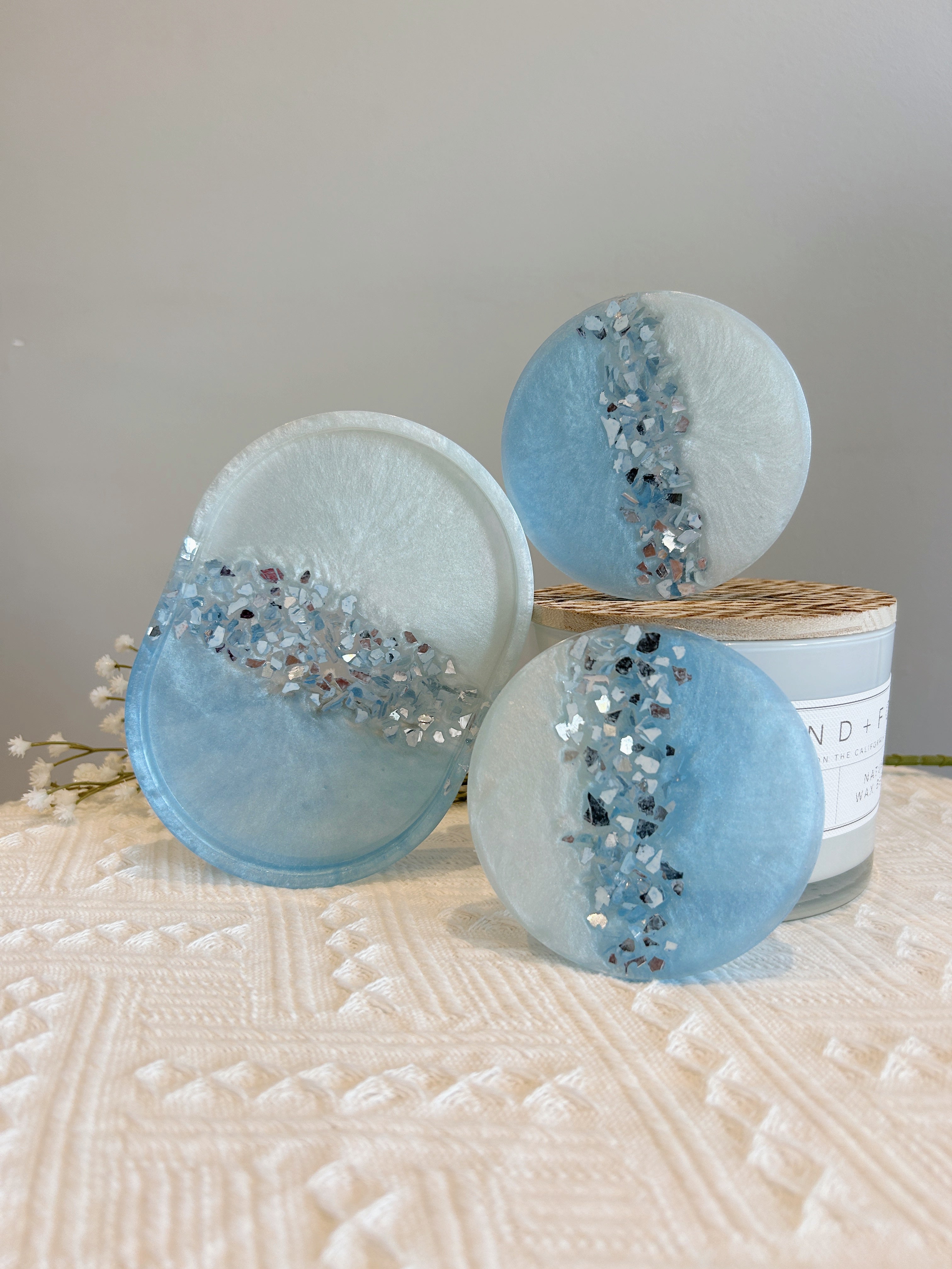 【Crystal Glow】Handmade Resin Coasters & Trinket Tray (3-piece set)