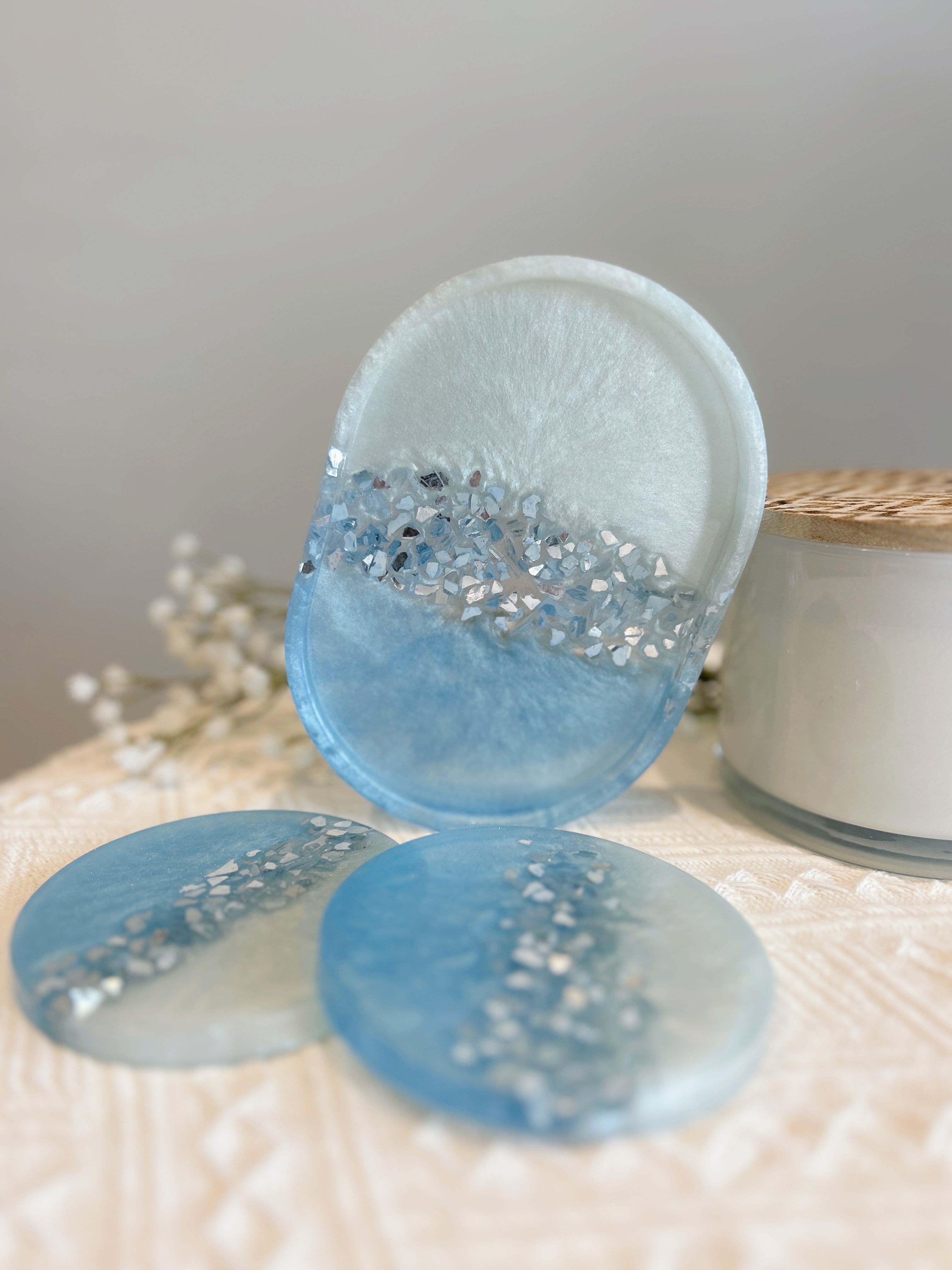 【Crystal Glow】Handmade Resin Coasters & Trinket Tray (3-piece set)