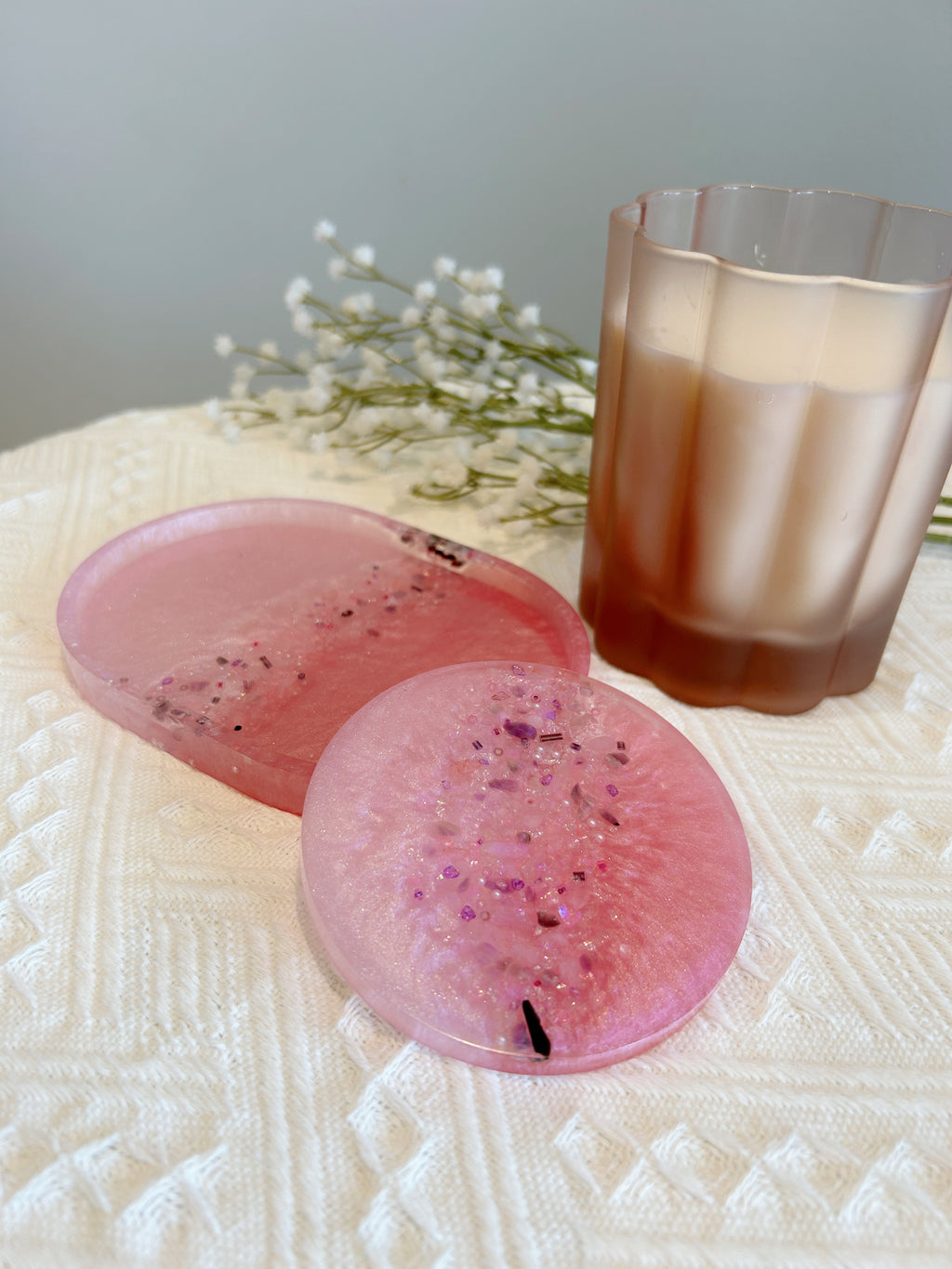 【Crystal Glow】Handmade Resin Coaster & Trinket Tray (2-piece set)