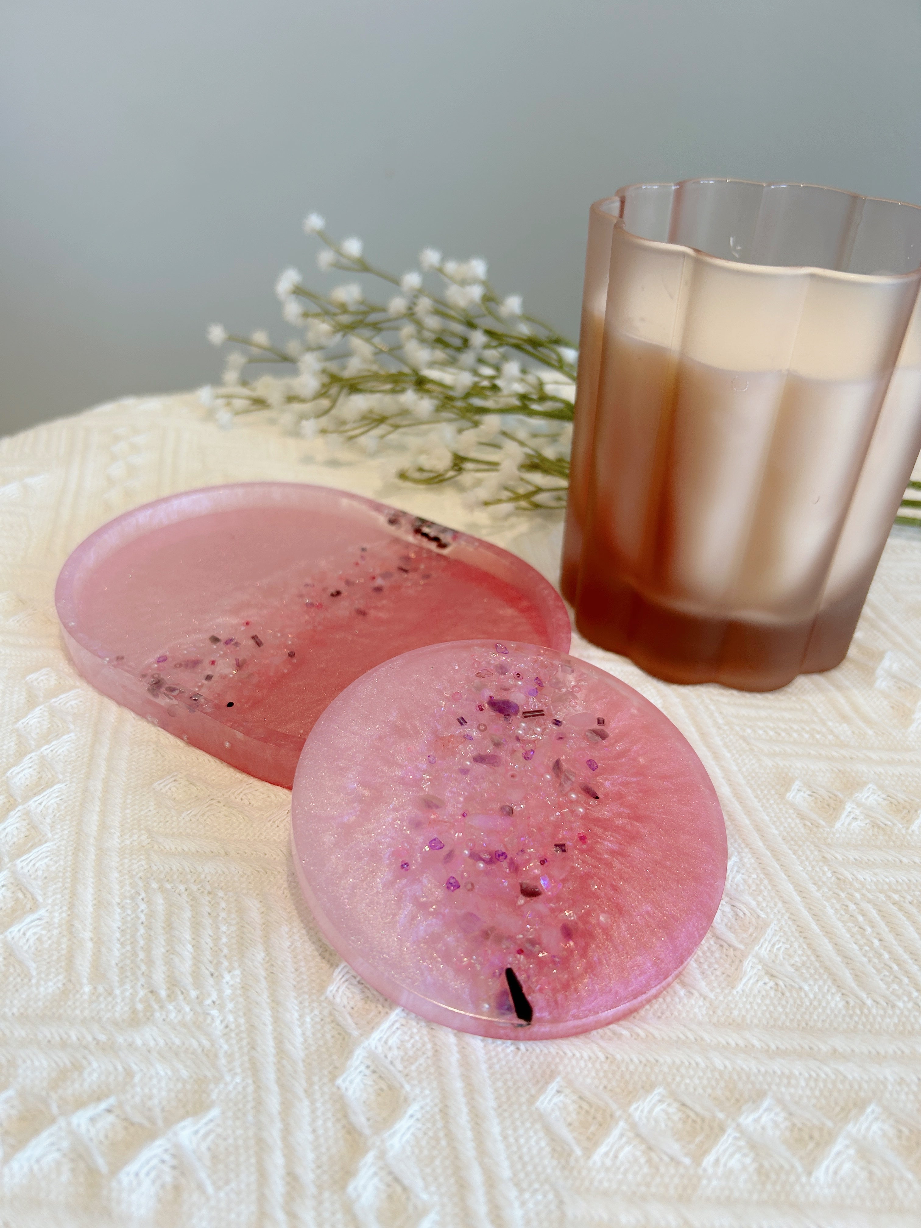 【Crystal Glow】Handmade Resin Coaster & Trinket Tray (2-piece set)