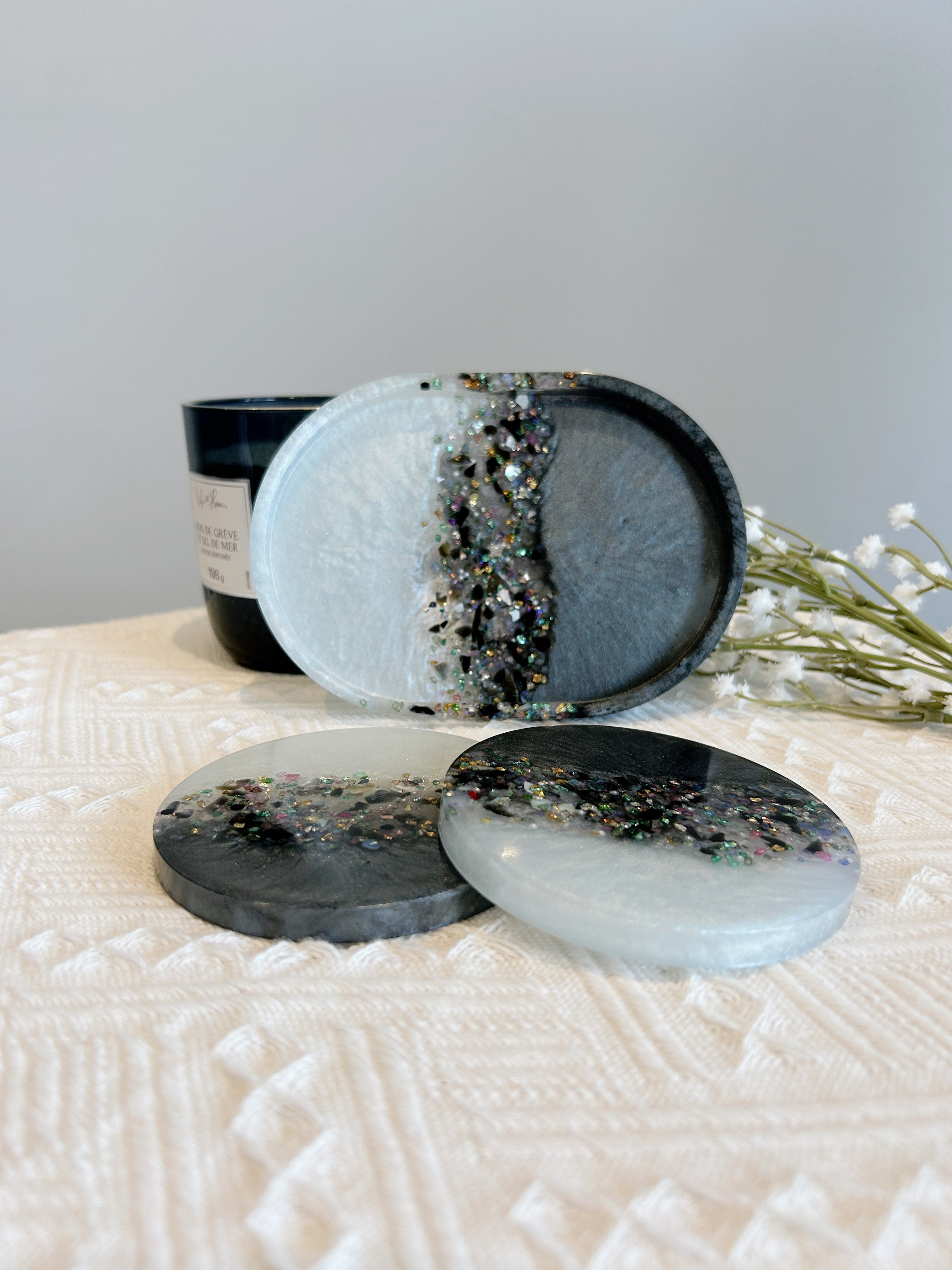 【Crystal Glow】Handmade Resin Coasters & Trinket Tray (3-piece set)