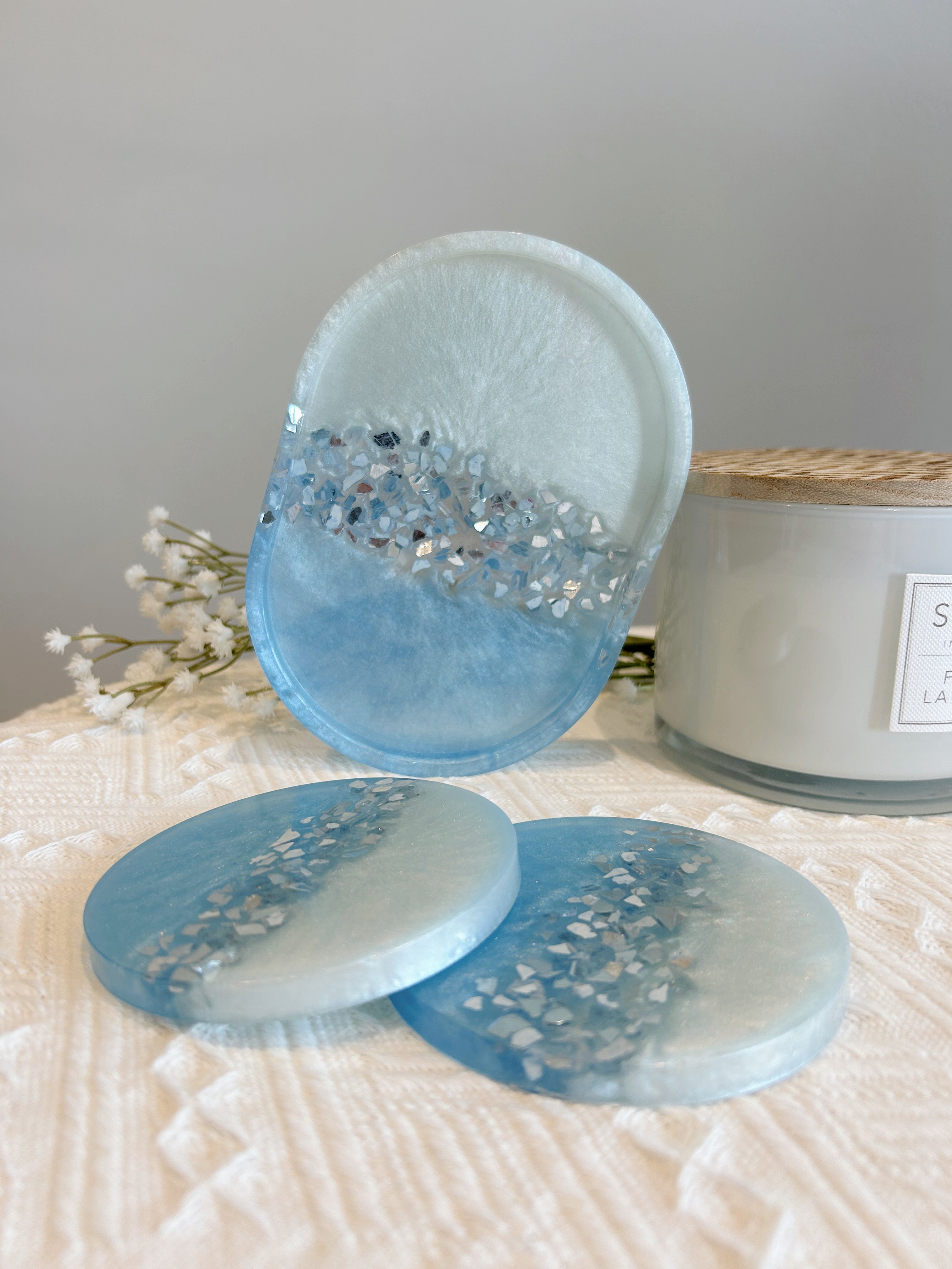 【Crystal Glow】Handmade Resin Coasters & Trinket Tray (3-piece set)