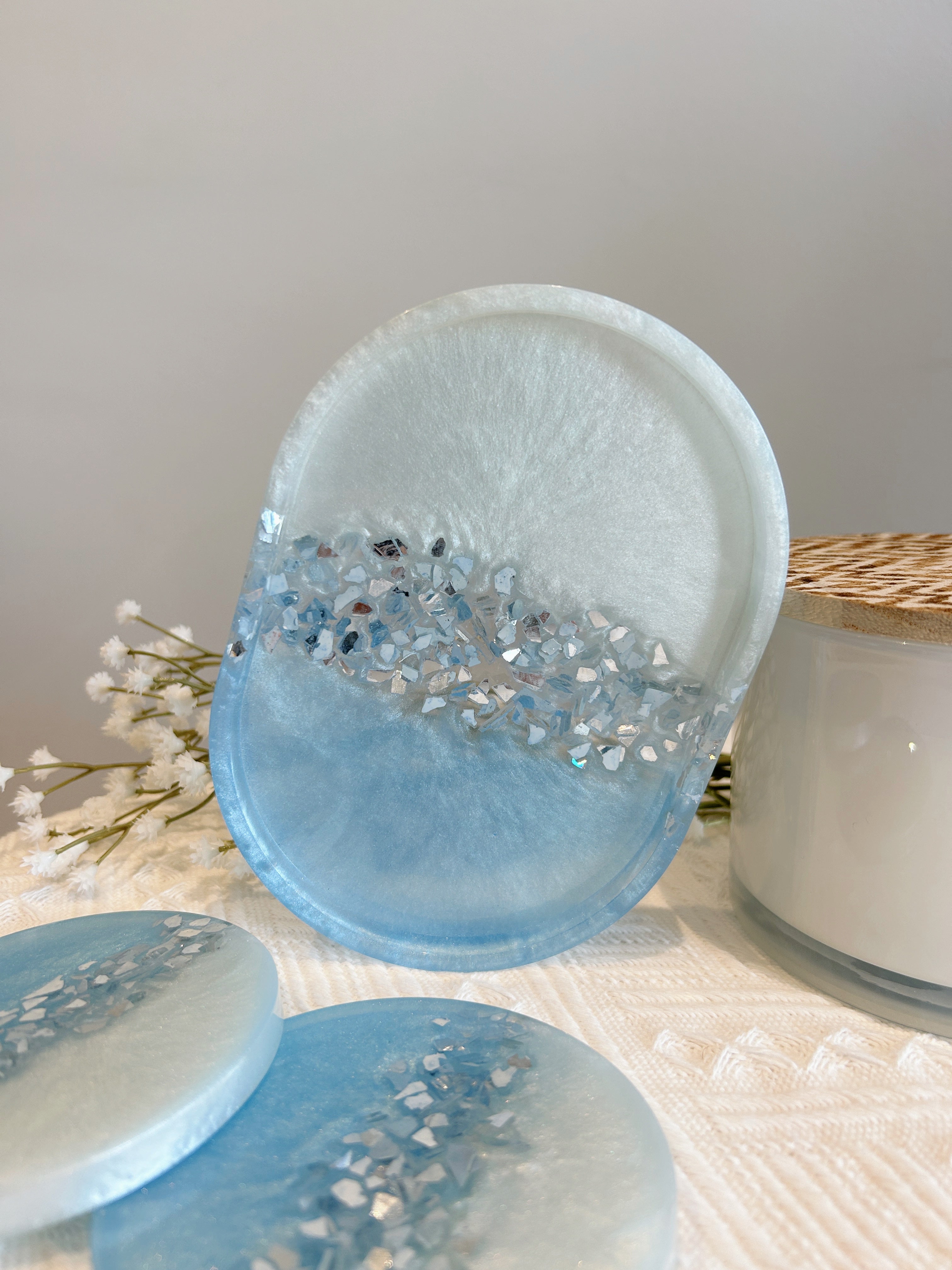 【Crystal Glow】Handmade Resin Coasters & Trinket Tray (3-piece set)