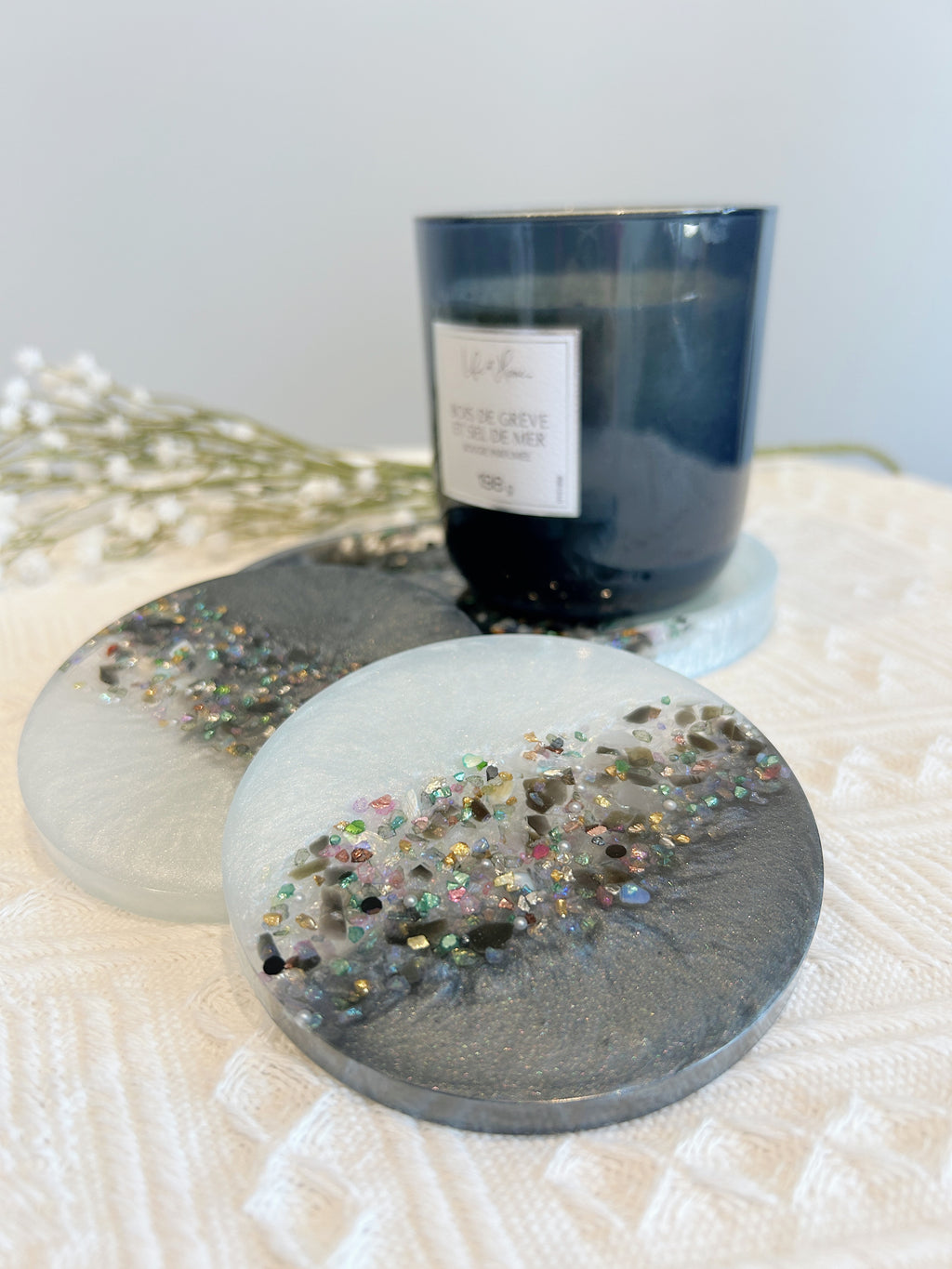 【Crystal Glow】Handmade Resin Coasters & Trinket Tray (3-piece set)
